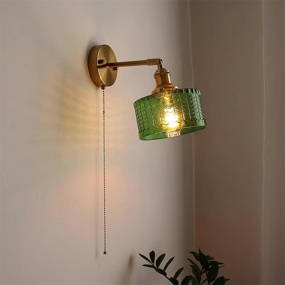 Wall Lamp Brass with Green/Clear Glass Shade and Pull Chain - Lamp Copper