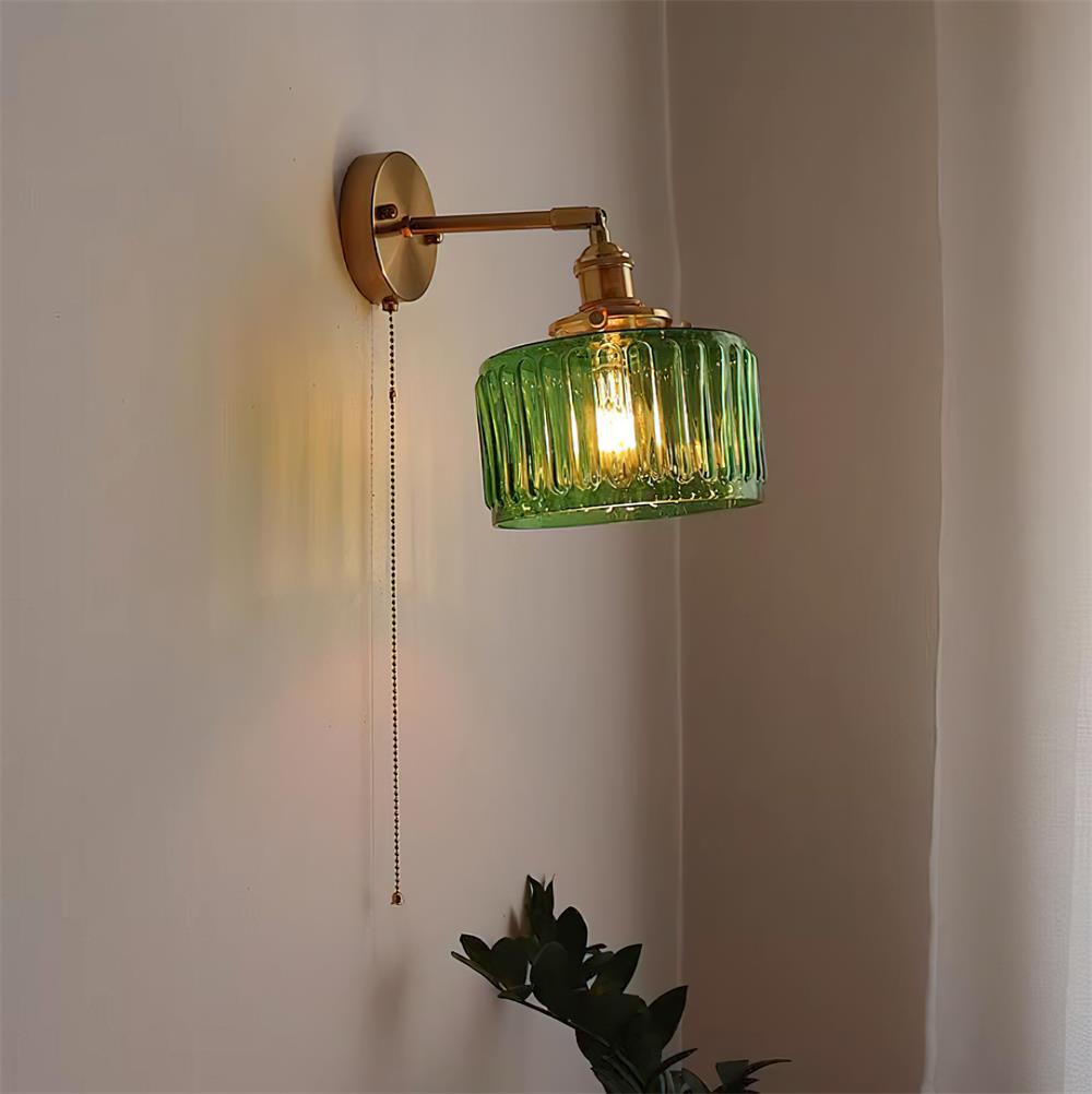 Wall Lamp Brass with Green/Clear Glass Shade and Pull Chain - Lamp Copper