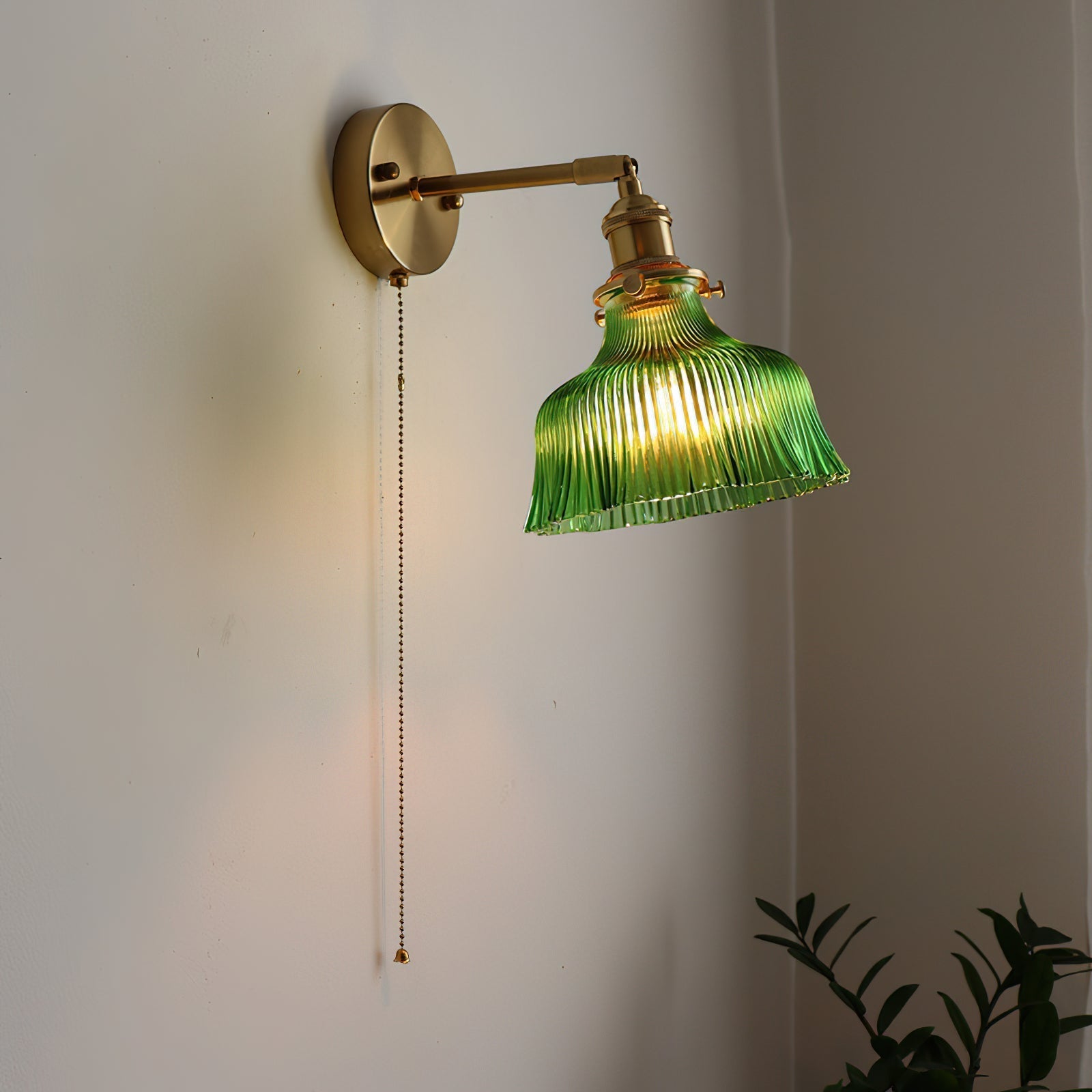 Wall Lamp Brass with Green/Clear Glass Shade and Pull Chain - Lamp Copper