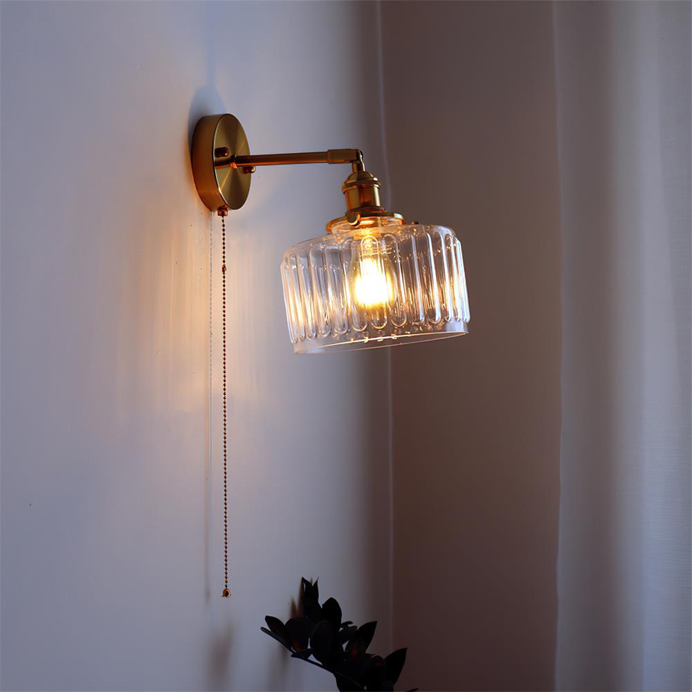 Wall Lamp Brass with Green/Clear Glass Shade and Pull Chain - Lamp Copper