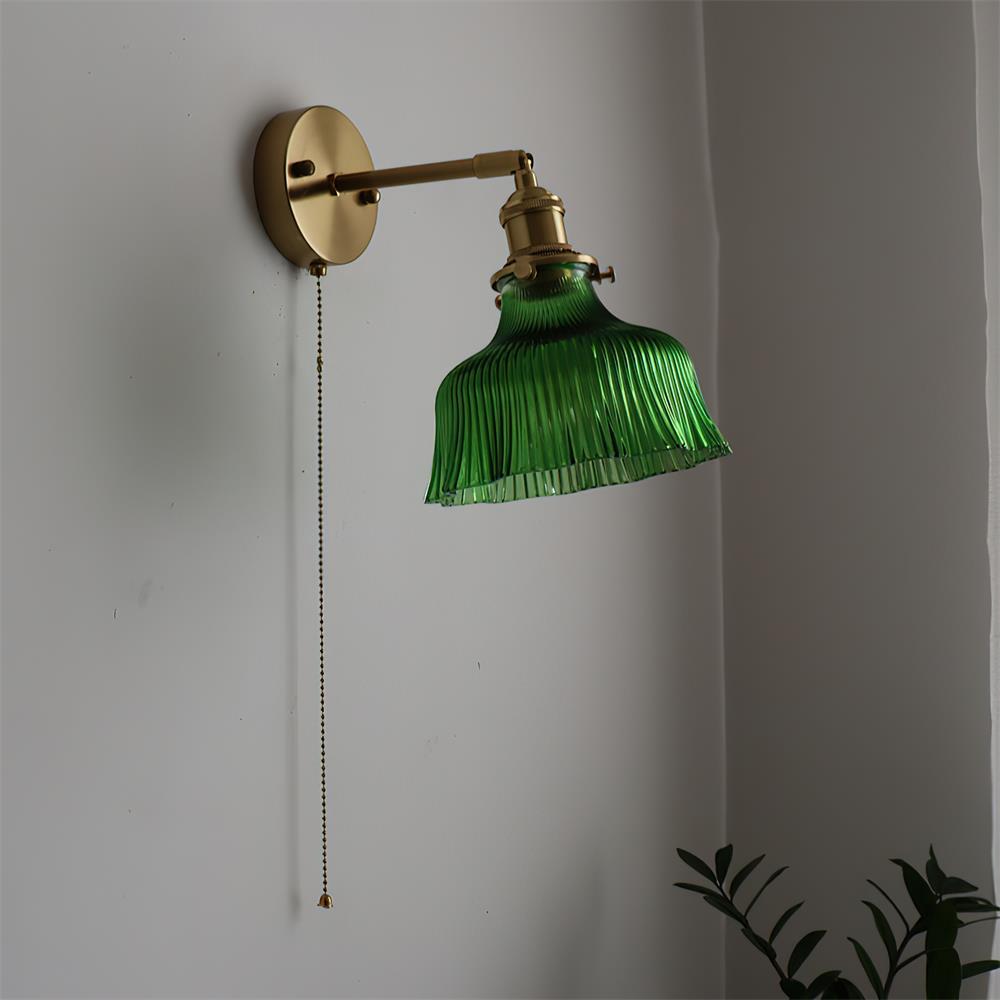 Wall Lamp Brass with Green/Clear Glass Shade and Pull Chain - Lamp Copper