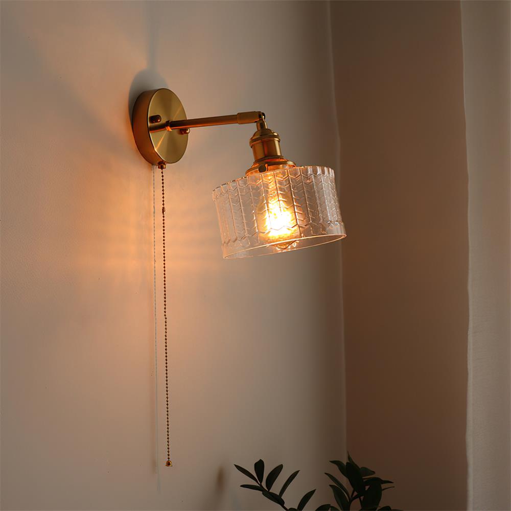Wall Lamp Brass with Green/Clear Glass Shade and Pull Chain - Lamp Copper