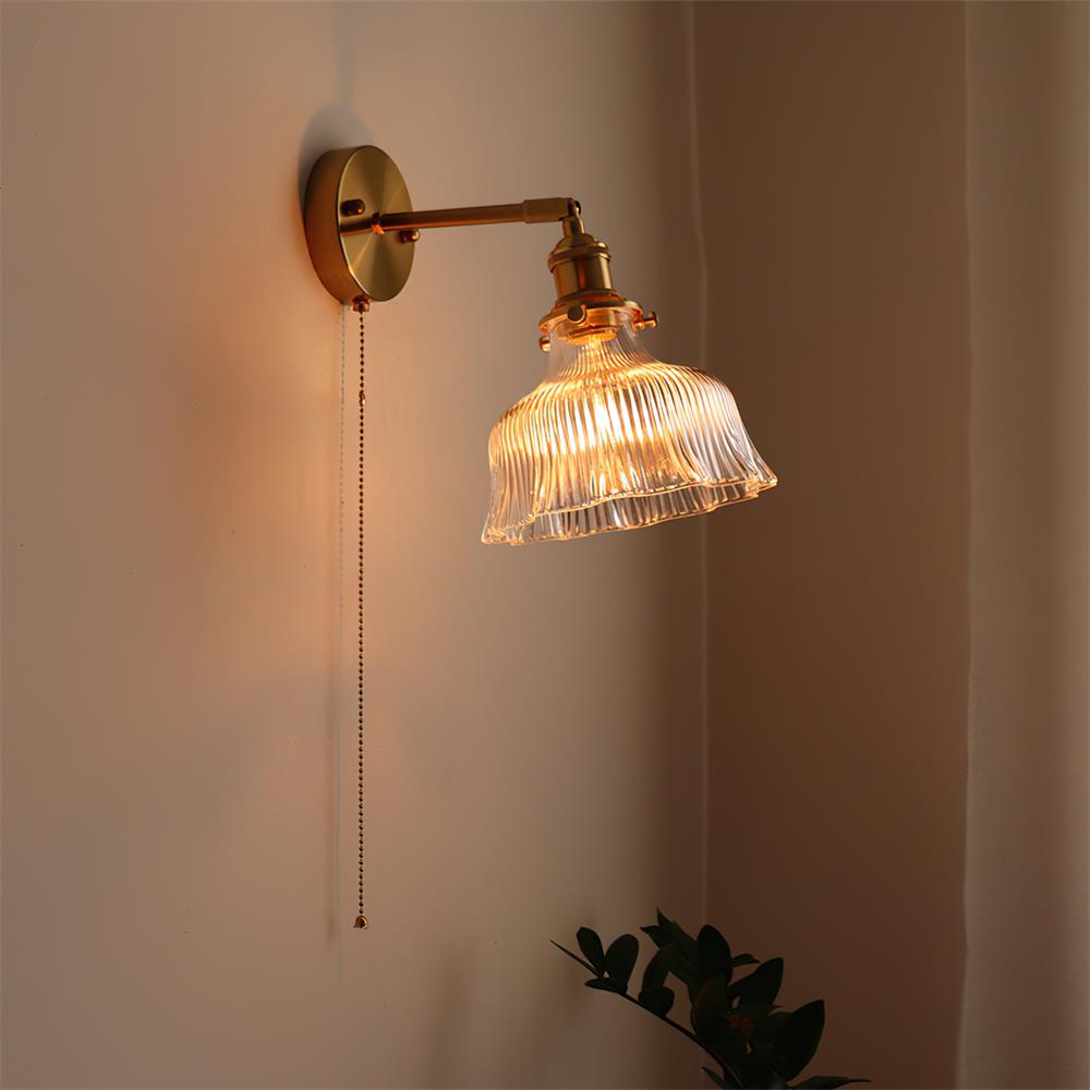 Wall Lamp Brass with Green/Clear Glass Shade and Pull Chain - Lamp Copper