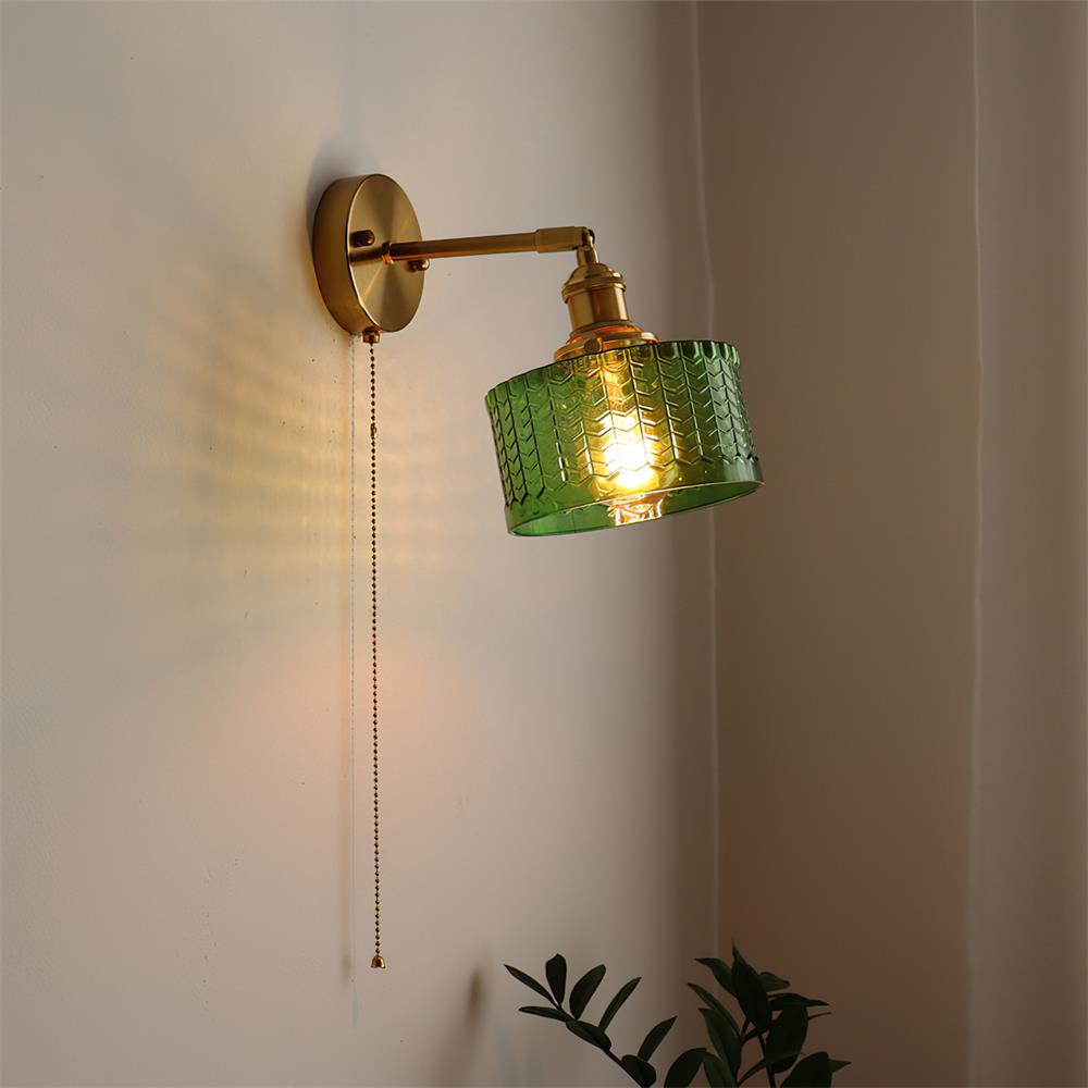 Wall Lamp Brass with Green/Clear Glass Shade and Pull Chain - Lamp Copper
