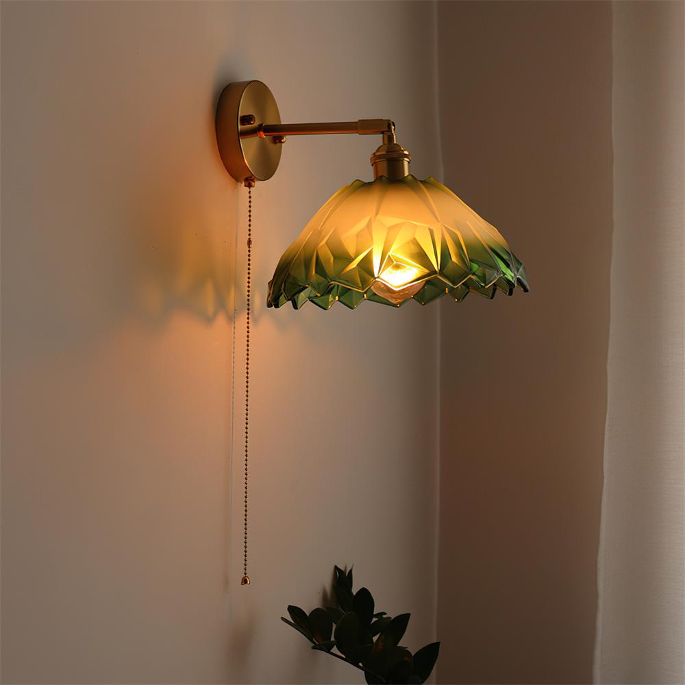 Wall Lamp Brass with Green/Clear Glass Shade and Pull Chain - Lamp Copper