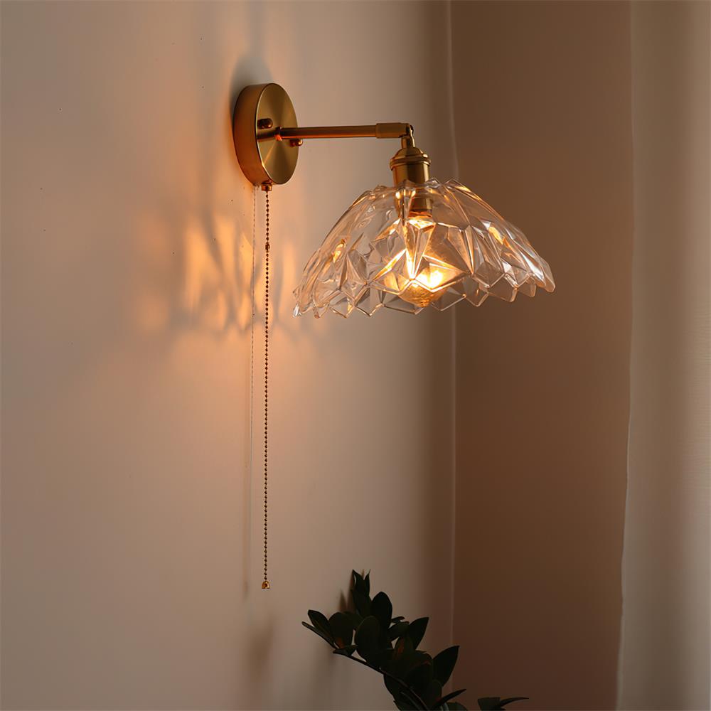 Wall Lamp Brass with Green/Clear Glass Shade and Pull Chain - Lamp Copper
