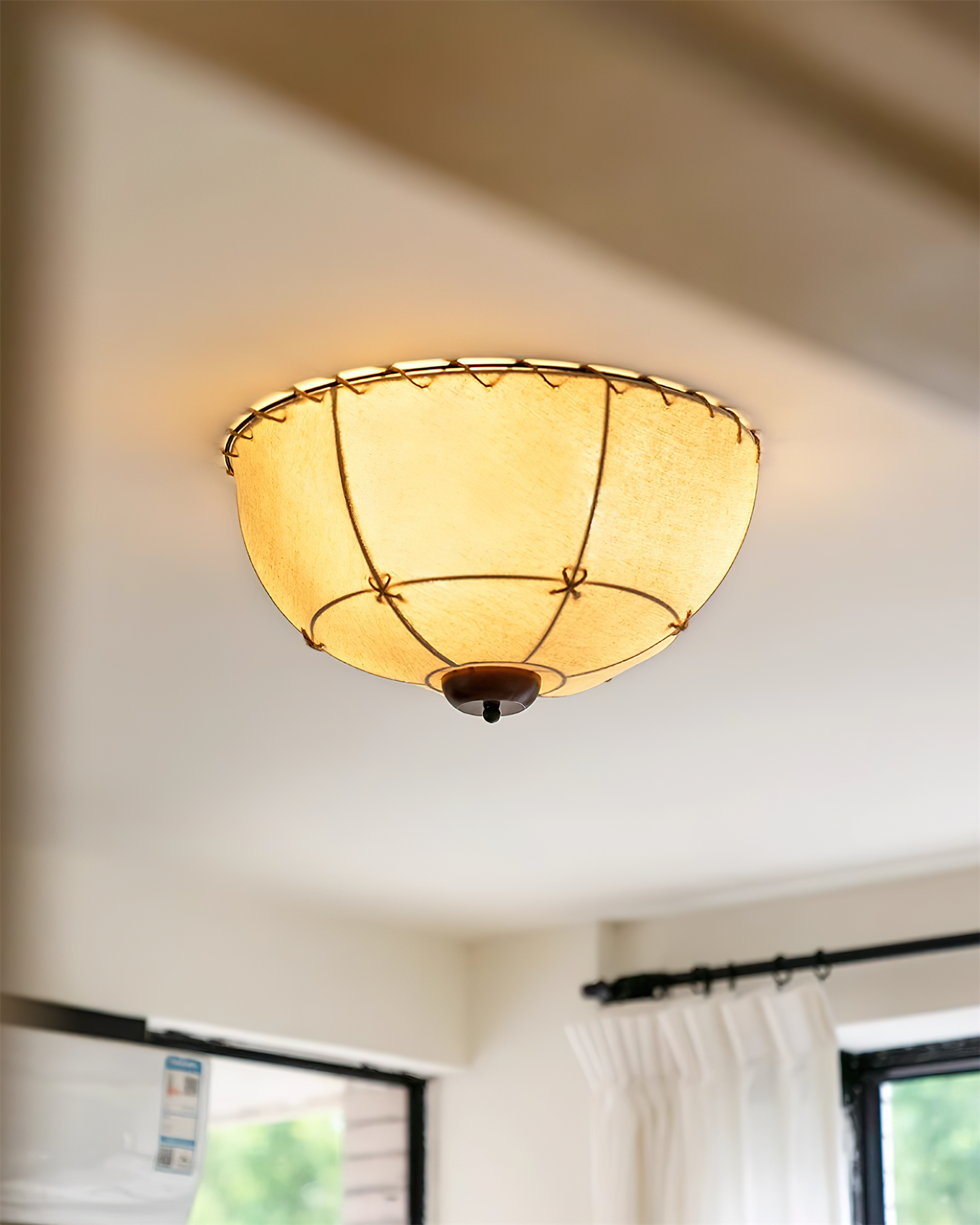 Ceiling Light Handcrafted Shade Wood and Fabric Rustic Fixture - Lamp Copper
