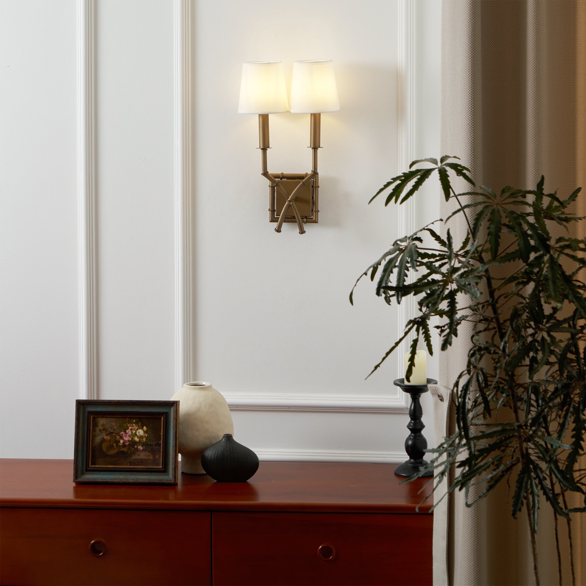 Yelp Vintage Industrial Double Arm Bamboo Fabric Sconce Wall Lamp - Lamp Copper