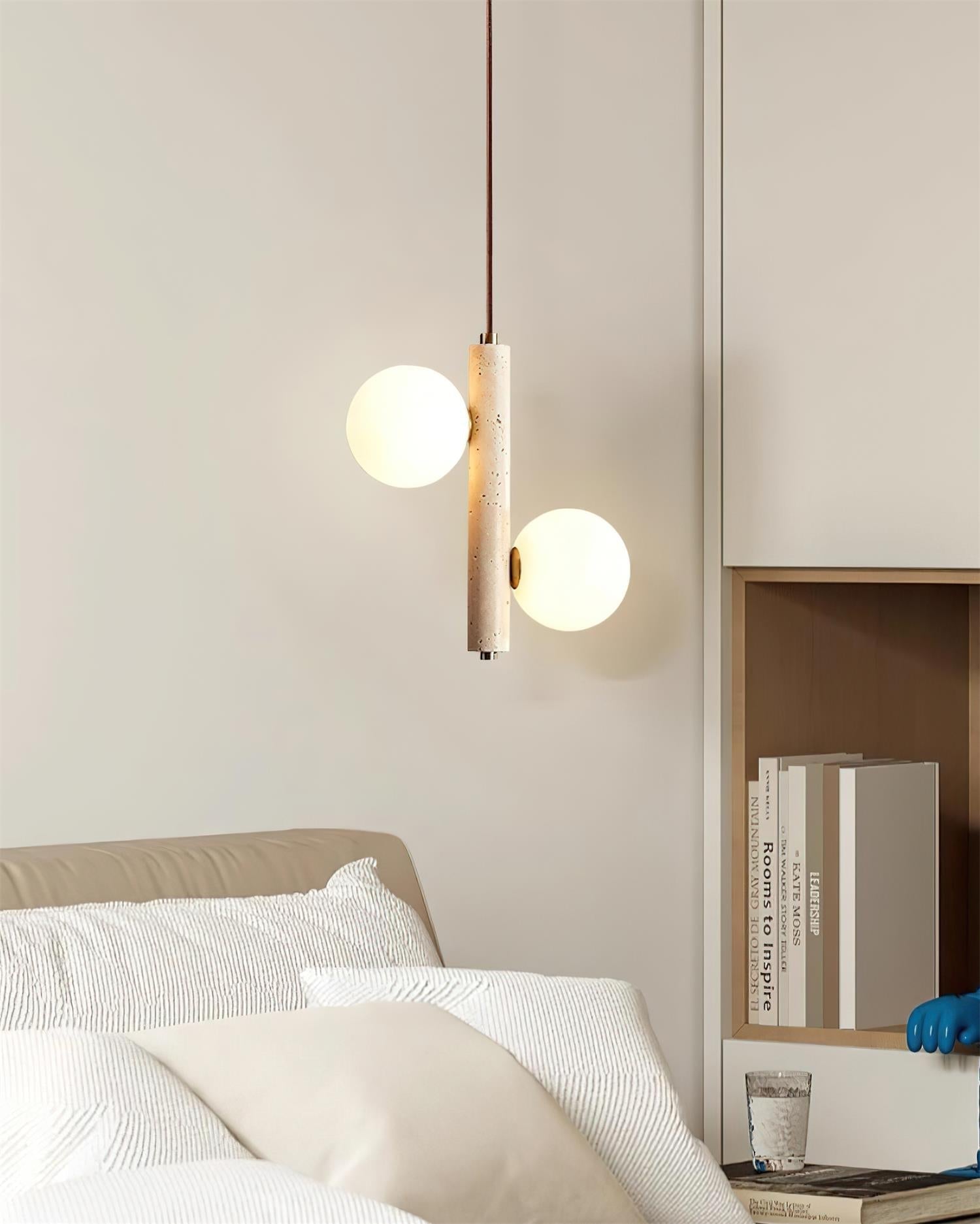 Orbitra Vertical Pendant Lamp Travertine & Glass - Lamp Copper
