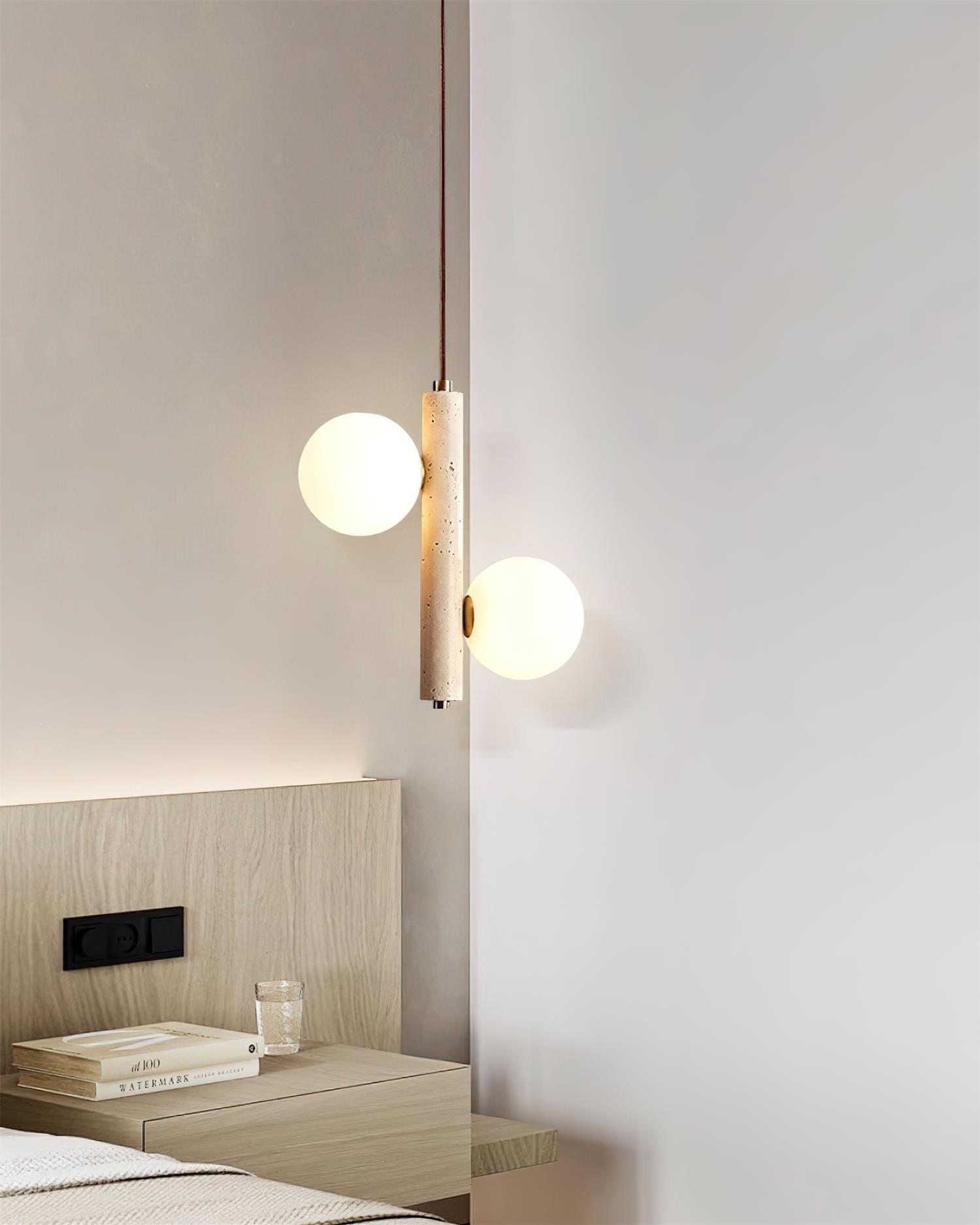 Orbitra Vertical Pendant Lamp Travertine & Glass - Lamp Copper