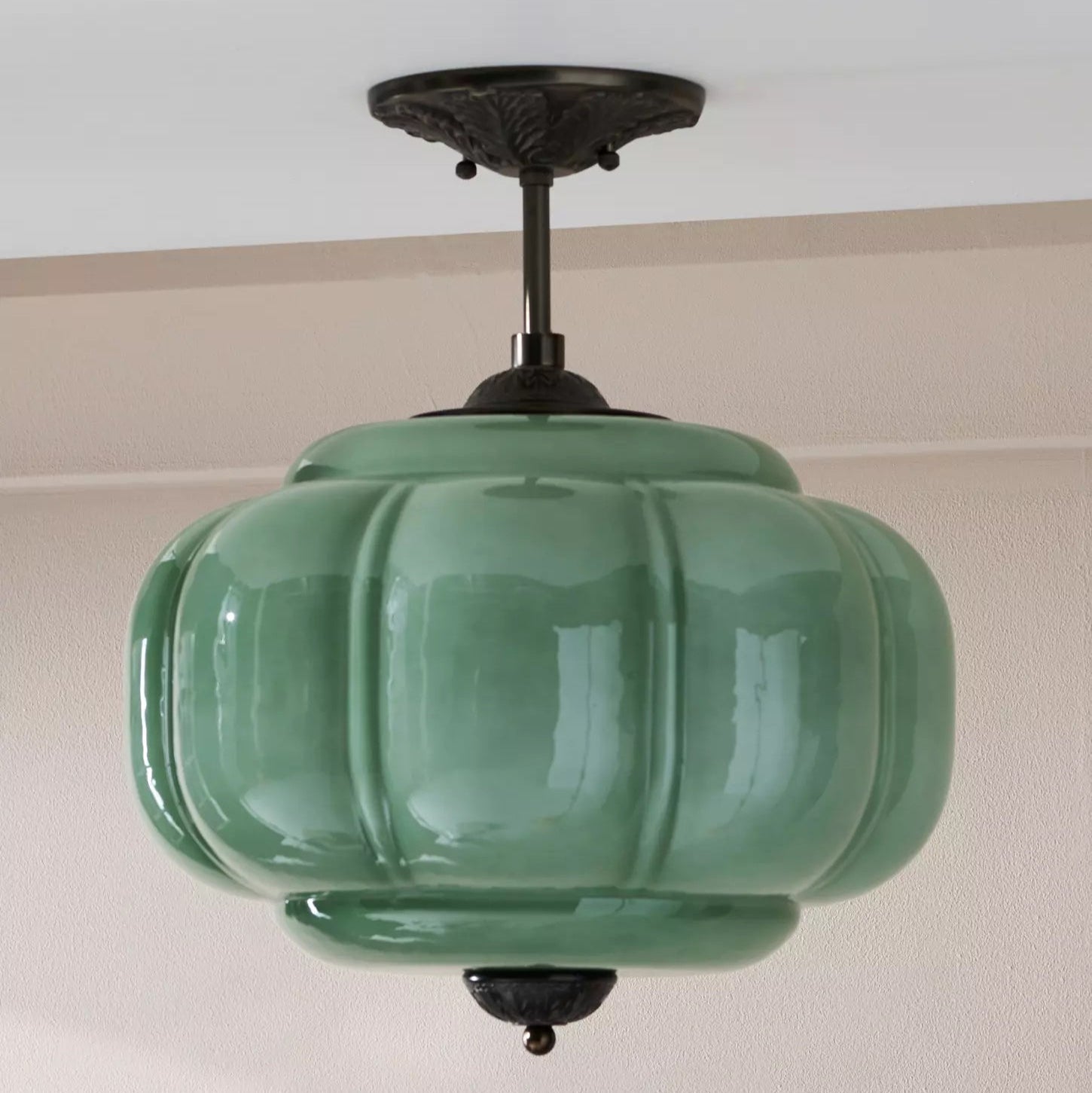 Eldio Green Glass Semi Flush Mount Light - Lamp Copper