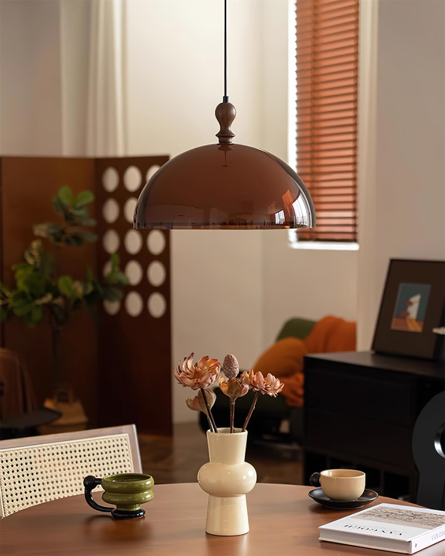 Solven Amber Glass Dome Pendant Light - Lamp Copper