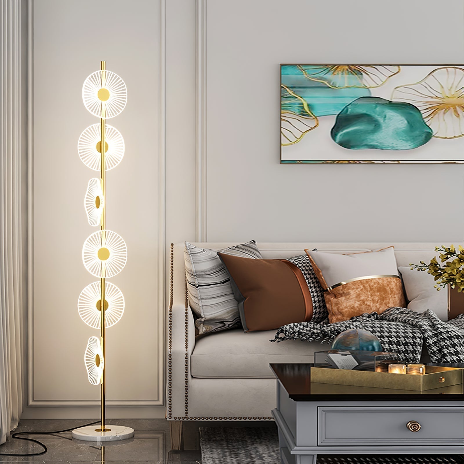 Carins Floor Lamp Creative Circle Modern, Acrylic, White/Gold, Bedroom - Lamp Copper