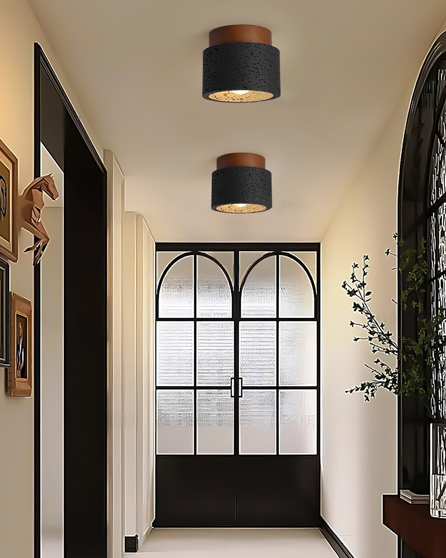 Ritta Sqaure&Round Ceiling Light Black& Yellow Travertine - Lamp Copper