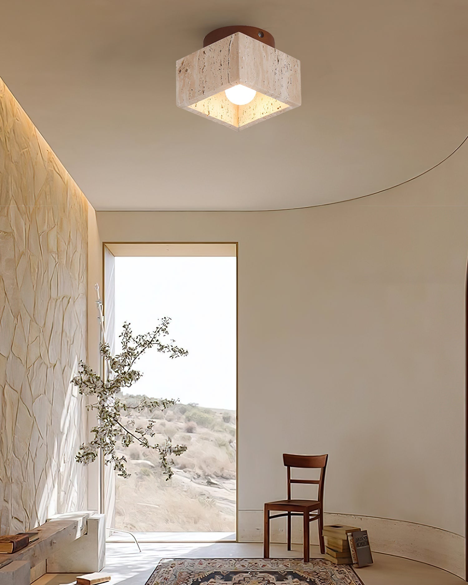 Ritta Sqaure&Round Ceiling Light Black& Yellow Travertine - Lamp Copper