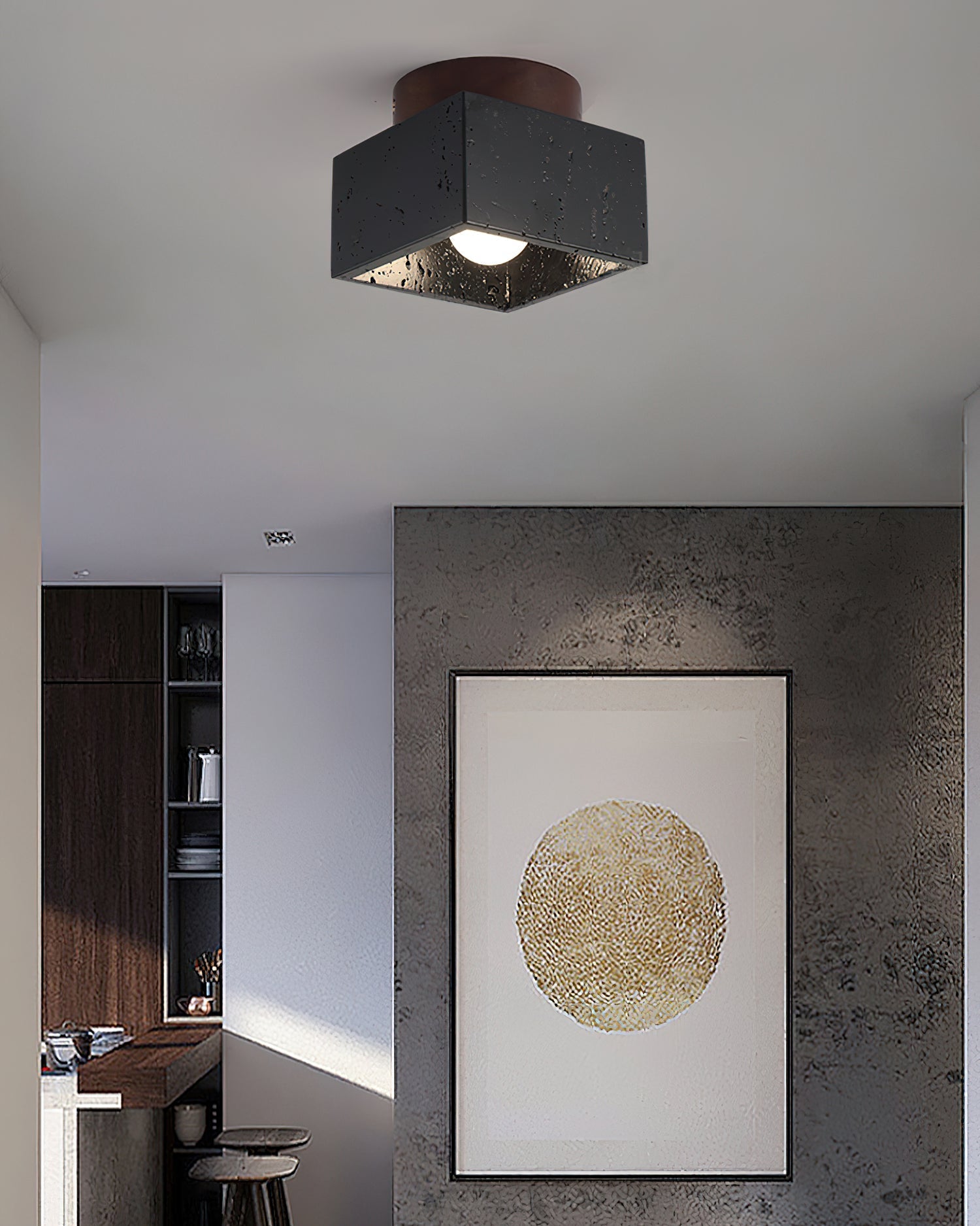 Ritta Sqaure&Round Ceiling Light Black& Yellow Travertine - Lamp Copper