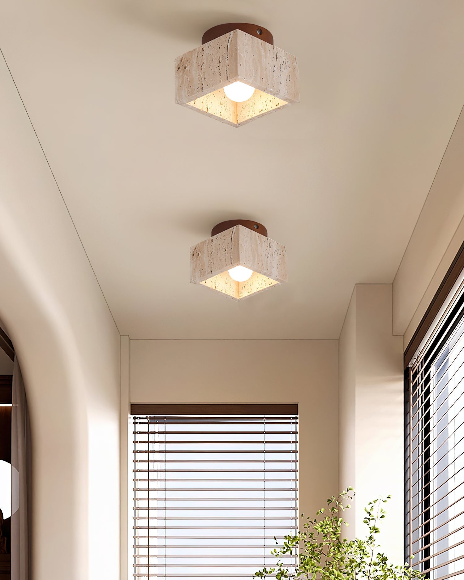 Ritta Sqaure&Round Ceiling Light Black& Yellow Travertine - Lamp Copper