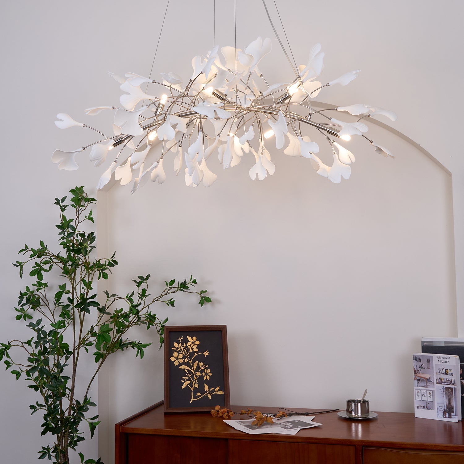 Arux Gingko Chandelier Art Deco Bent Downwards - Lamp Copper