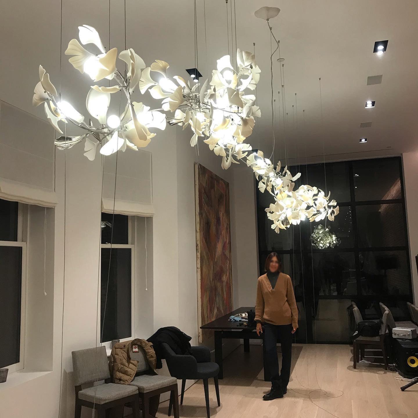 Chandelier Metal Frame Ceramic Gingko Leaf Shade White Gold Modern - Lamp Copper