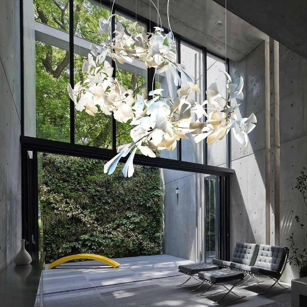 Chandelier Metal Frame Ceramic Gingko Leaf Shade White Gold Modern - Lamp Copper