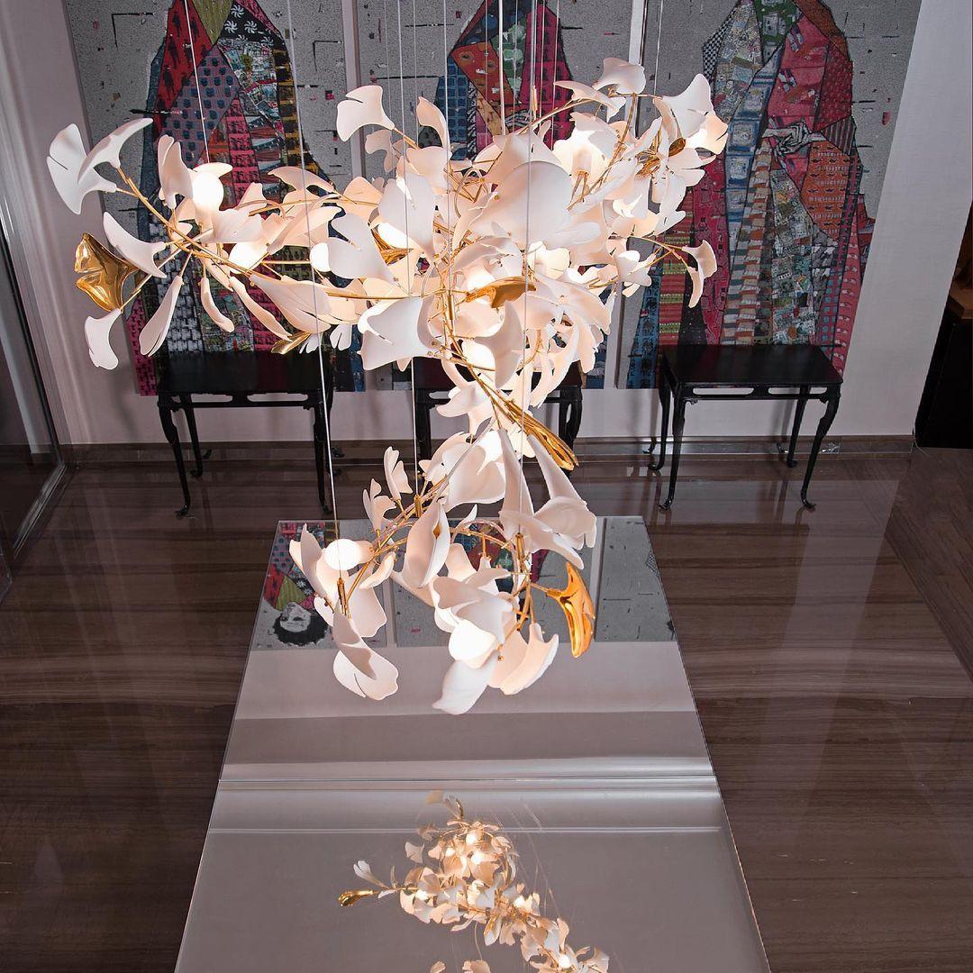 Chandelier Metal Frame Ceramic Gingko Leaf Shade White Gold Modern - Lamp Copper