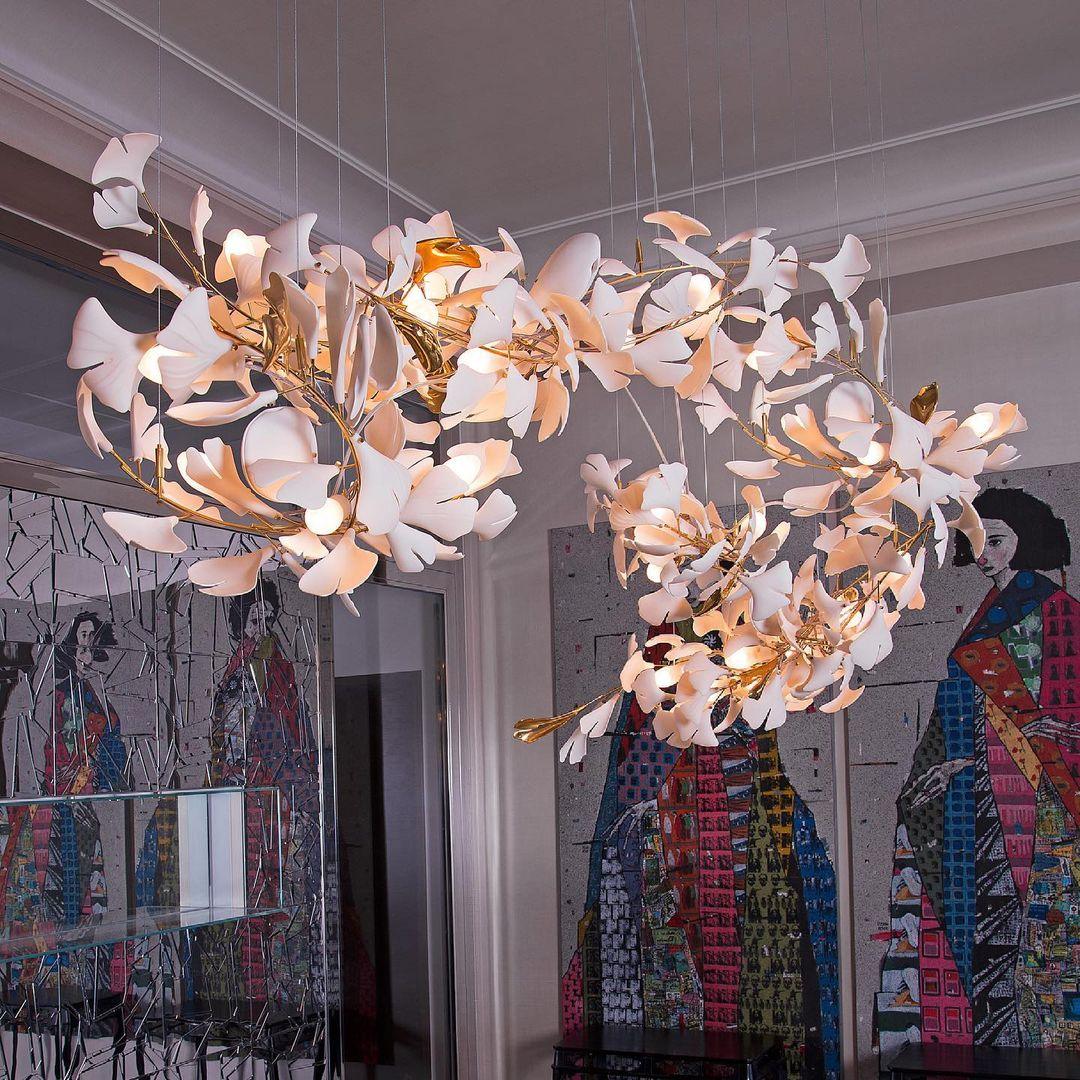 Chandelier Metal Frame Ceramic Gingko Leaf Shade White Gold Modern - Lamp Copper