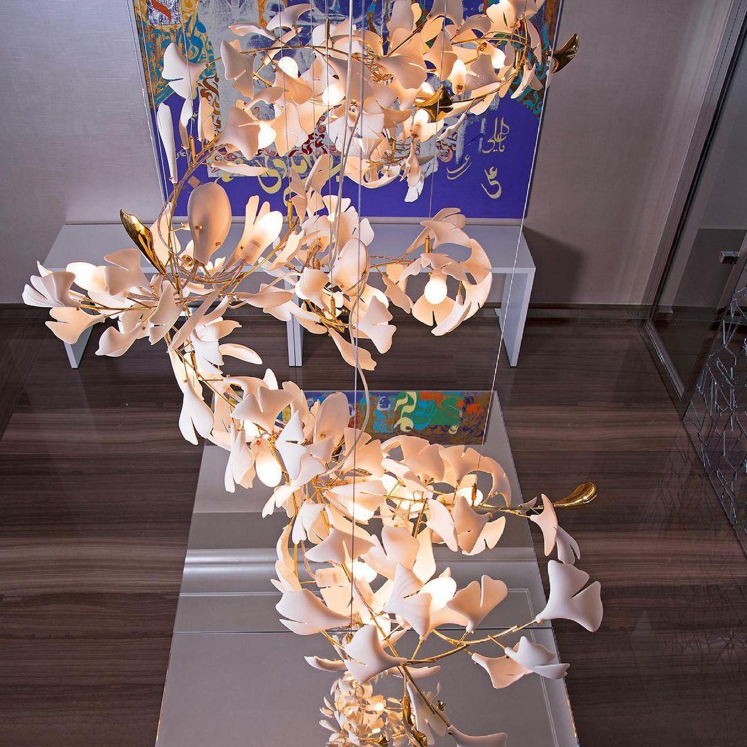 Chandelier Metal Frame Ceramic Gingko Leaf Shade White Gold Modern - Lamp Copper