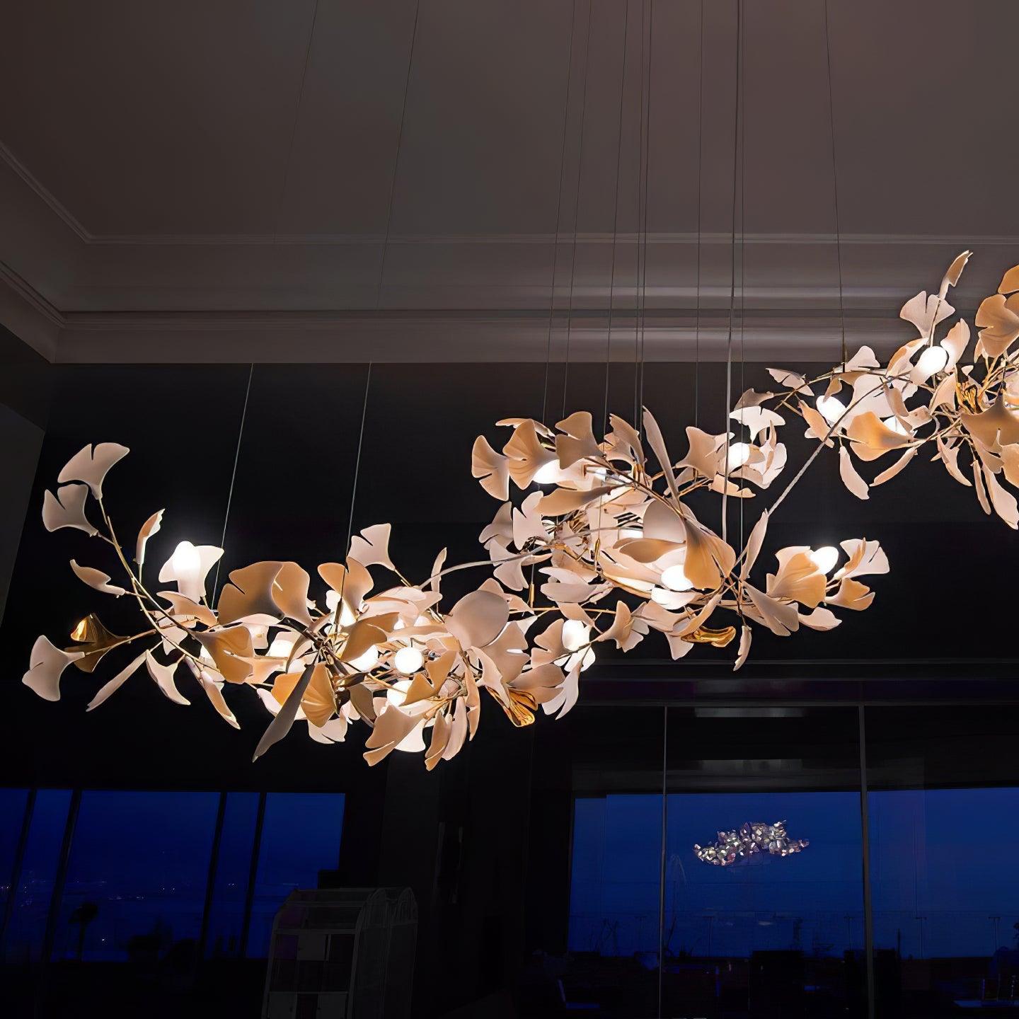 Chandelier Metal Frame Ceramic Gingko Leaf Shade White Gold Modern - Lamp Copper