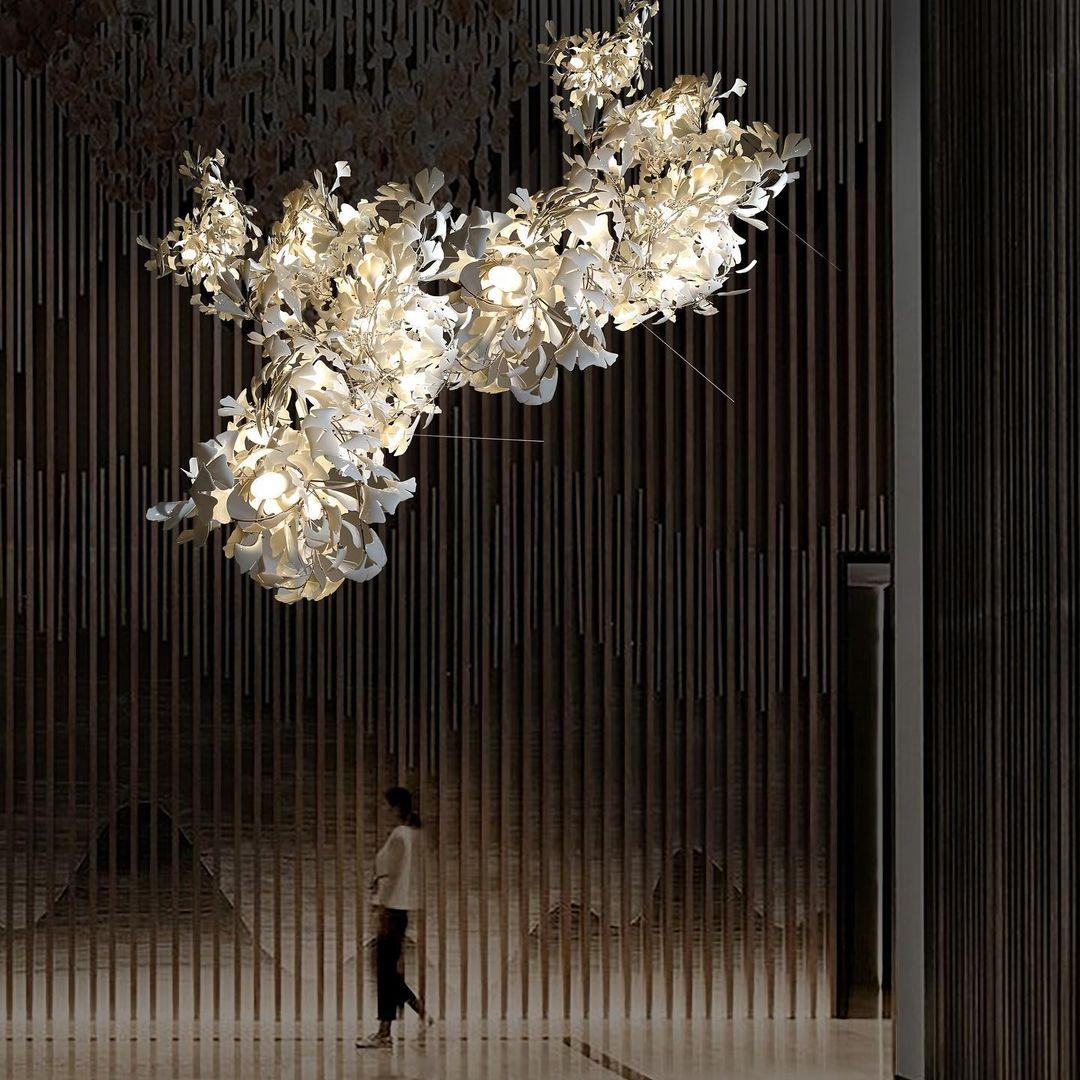 Chandelier Metal Frame Ceramic Gingko Leaf Shade White Gold Modern - Lamp Copper