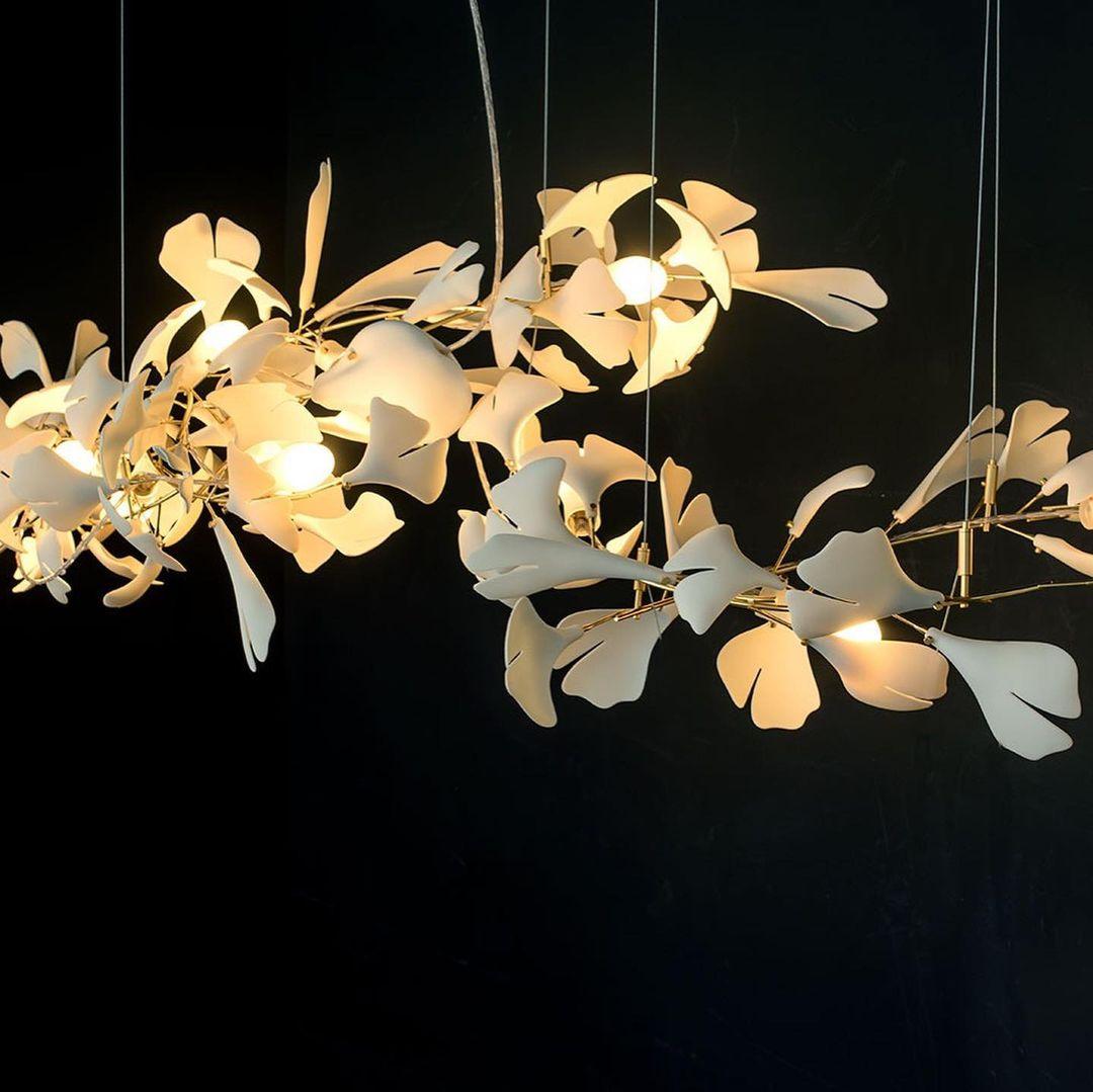 Chandelier Metal Frame Ceramic Gingko Leaf Shade White Gold Modern - Lamp Copper