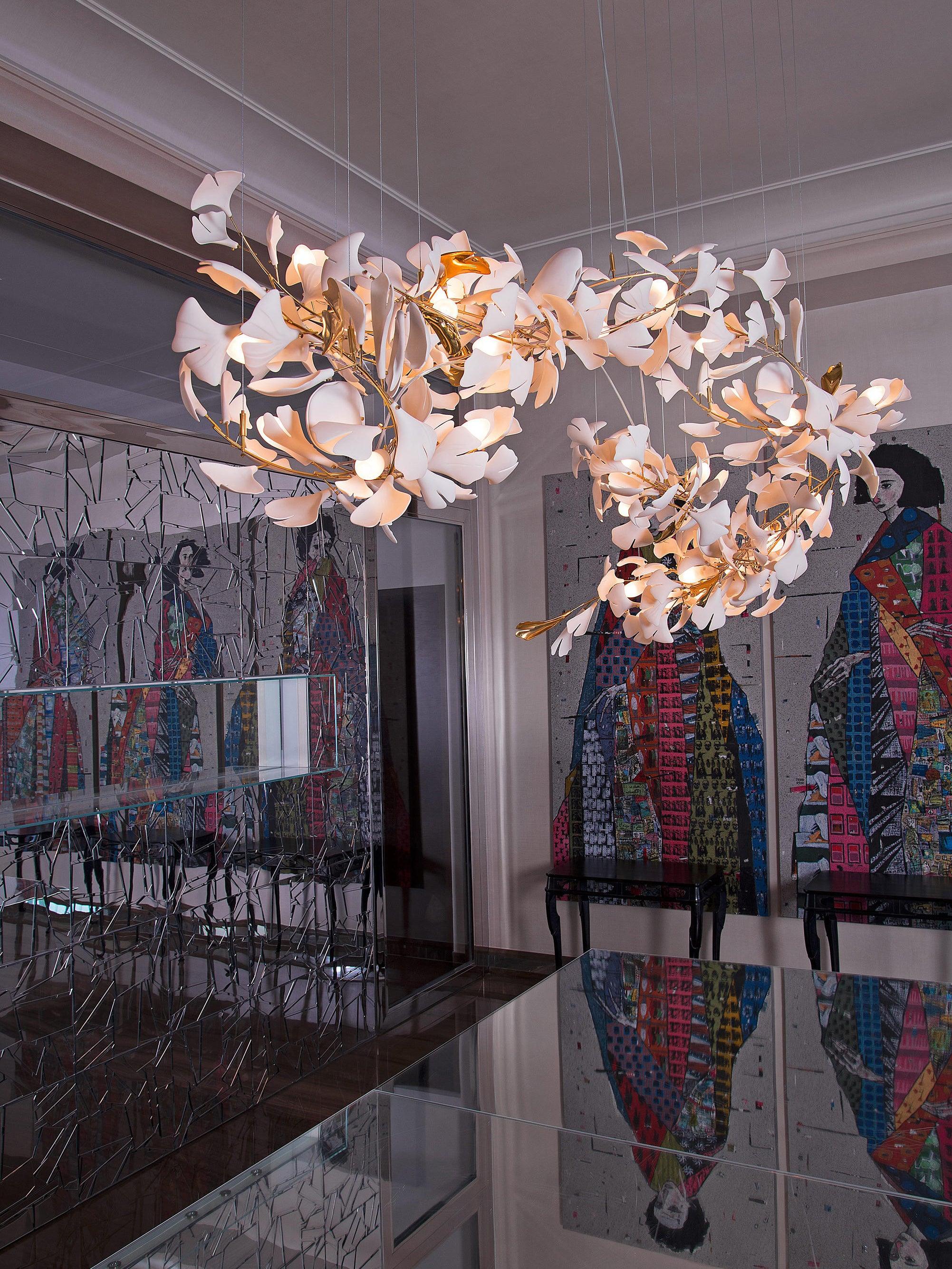 Chandelier Metal Frame Ceramic Gingko Leaf Shade White Gold Modern - Lamp Copper