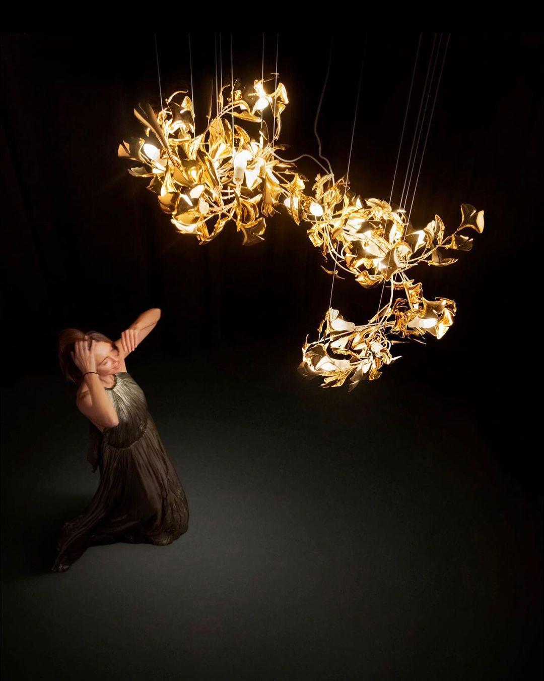 Chandelier Metal Frame Ceramic Gingko Leaf Shade White Gold Modern - Lamp Copper