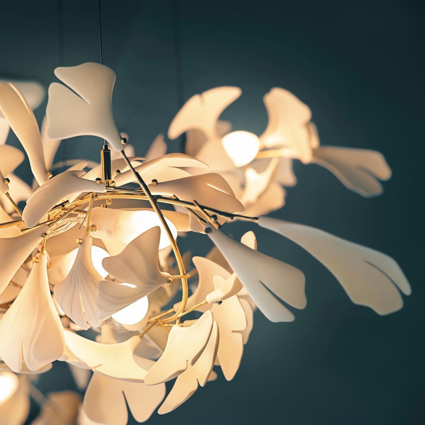 Chandelier Metal Frame Ceramic Gingko Leaf Shade White Gold Modern - Lamp Copper