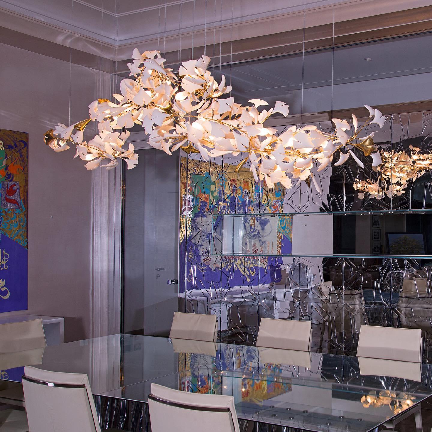 Chandelier Metal Frame Ceramic Gingko Leaf Shade White Gold Modern - Lamp Copper