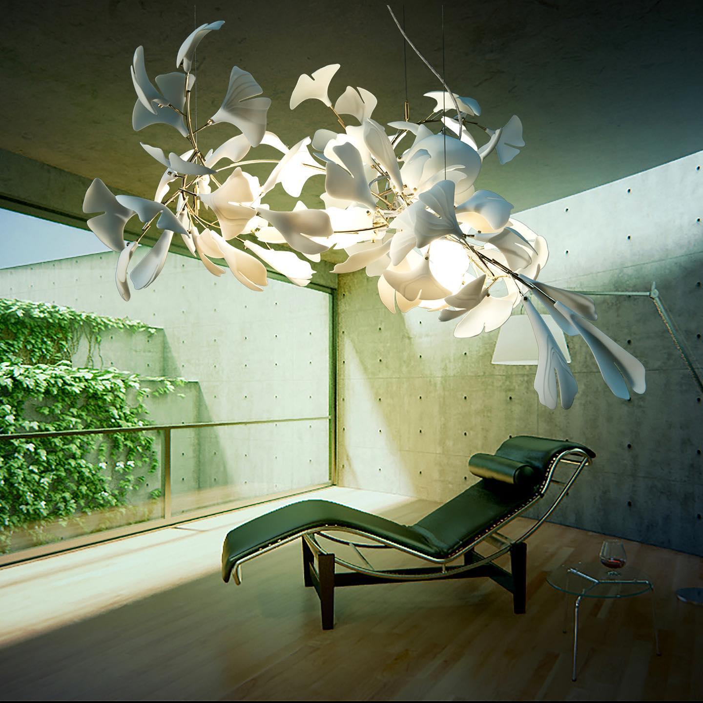 Chandelier Metal Frame Ceramic Gingko Leaf Shade White Gold Modern - Lamp Copper