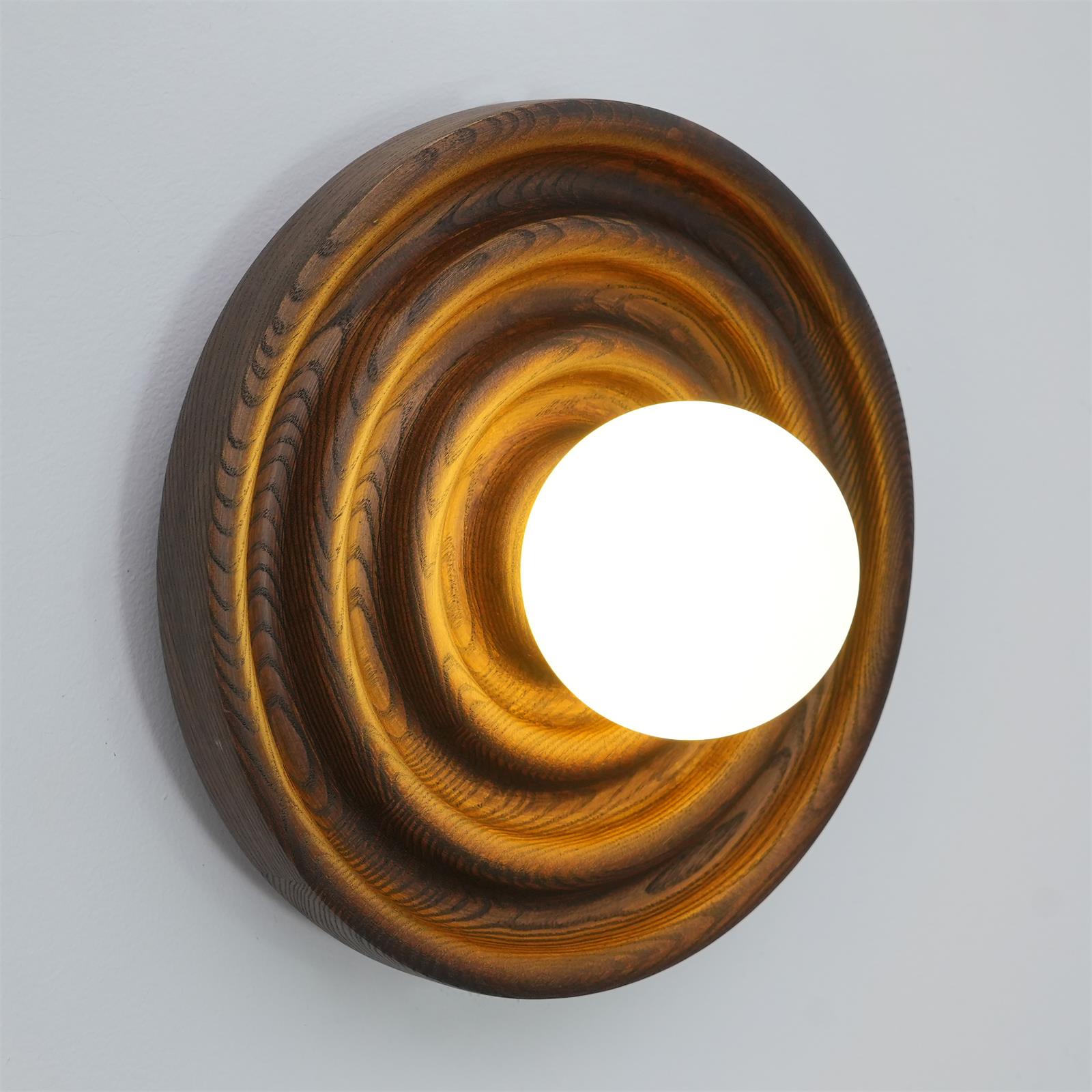 Wall Lamp Ripple with Ash Wood Body and Glass Globe Shade - Lamp Copper