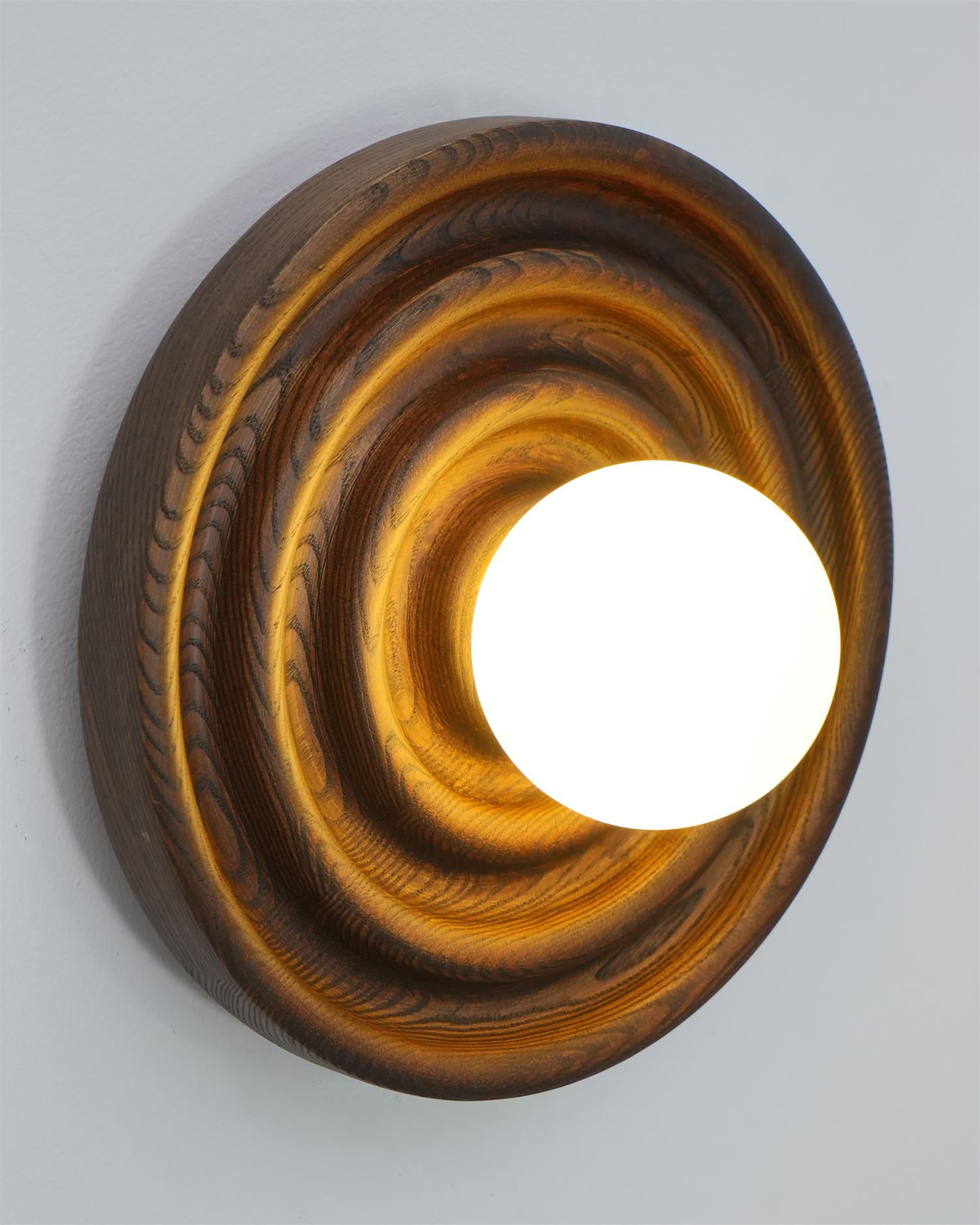 Wall Lamp Ripple with Ash Wood Body and Glass Globe Shade - Lamp Copper