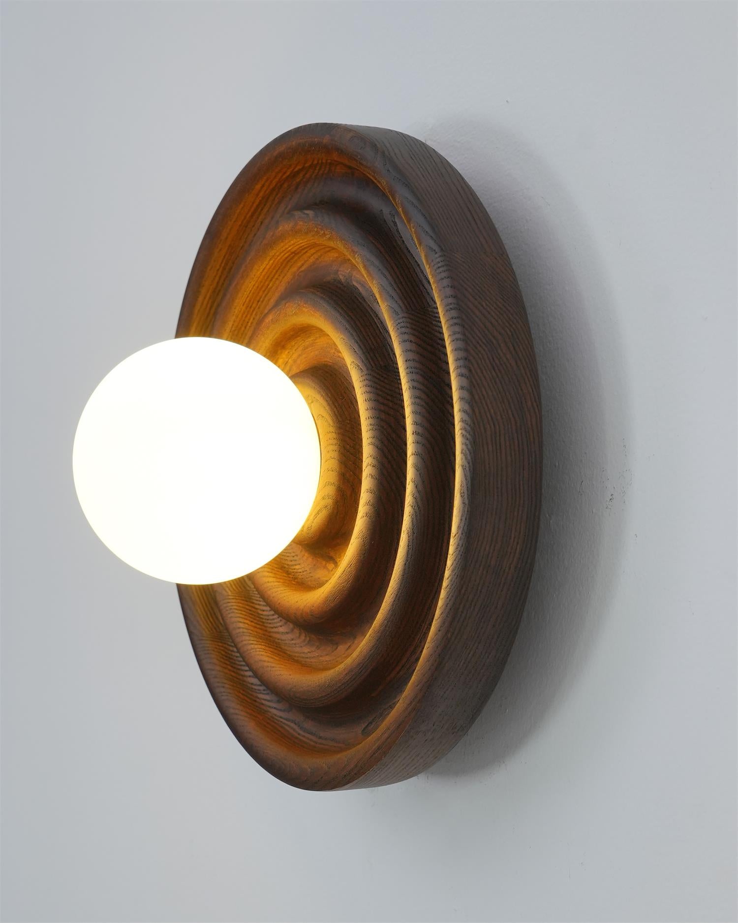 Wall Lamp Ripple with Ash Wood Body and Glass Globe Shade - Lamp Copper