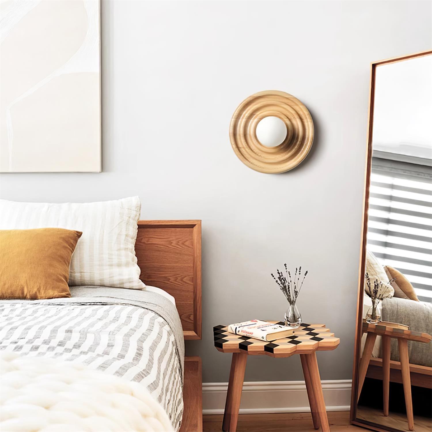 Wall Lamp Ripple with Ash Wood Body and Glass Globe Shade - Lamp Copper