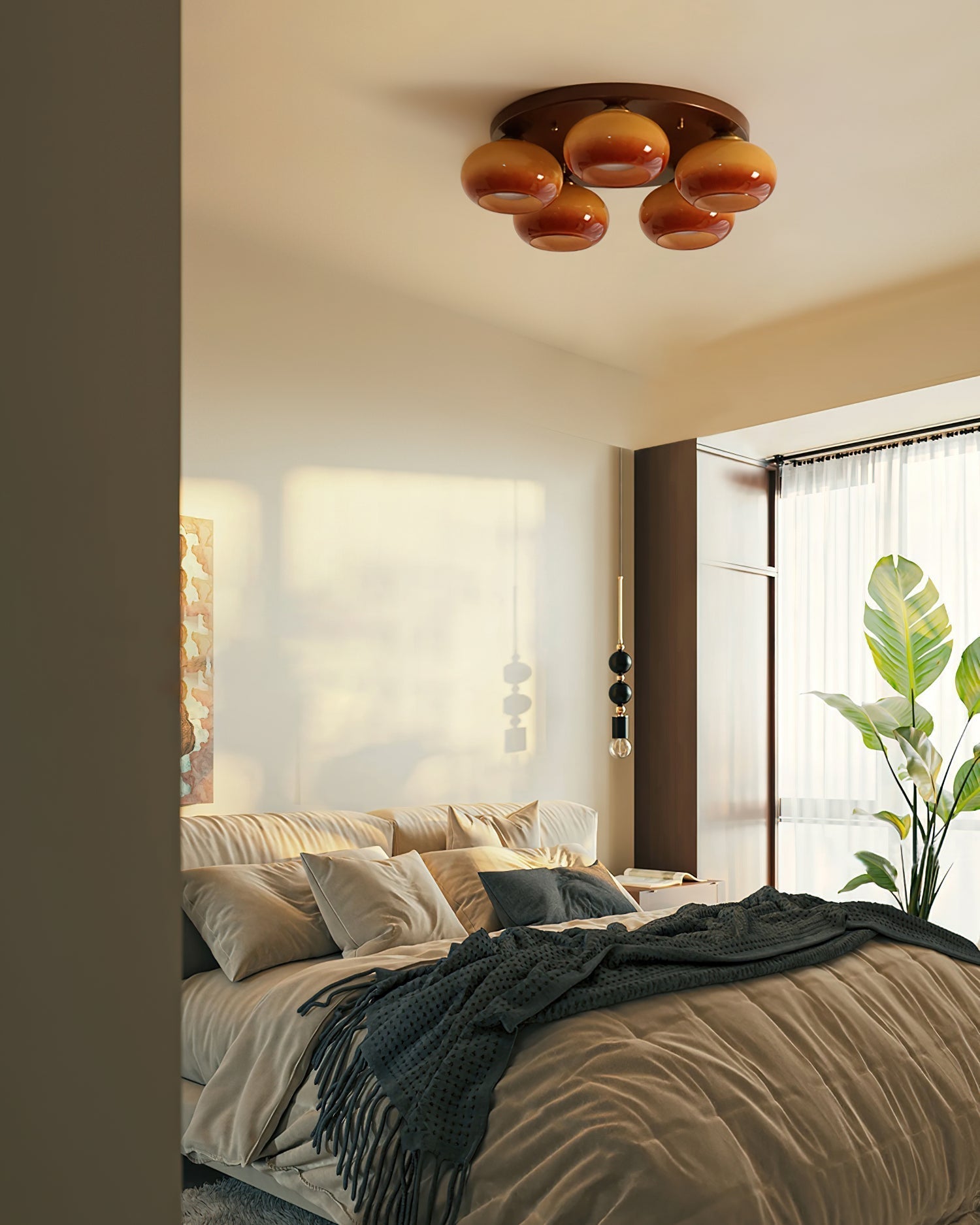 Aurevo 5-Light Amber Glass Flush Mount Ceiling Light - Lamp Copper
