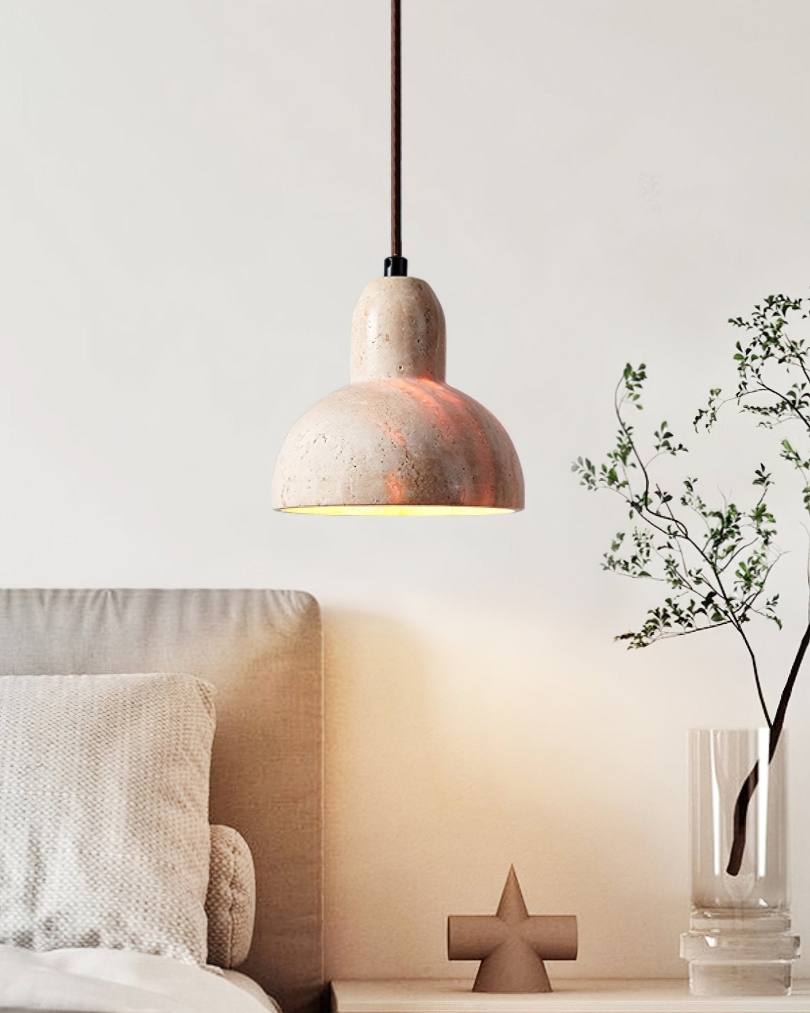 Vaelior Dome Shade Travertine Pendant Light - Lamp Copper