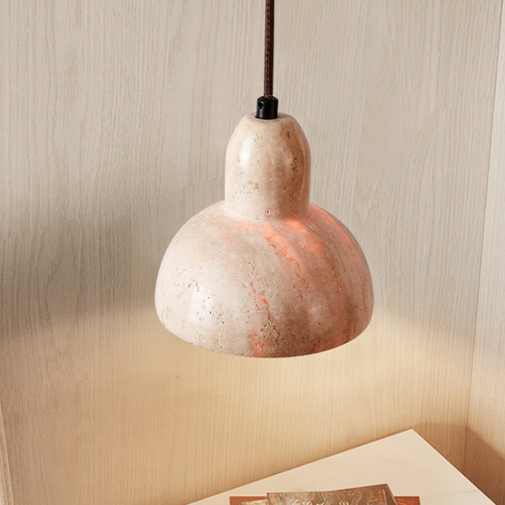 Vaelior Dome Shade Travertine Pendant Light - Lamp Copper