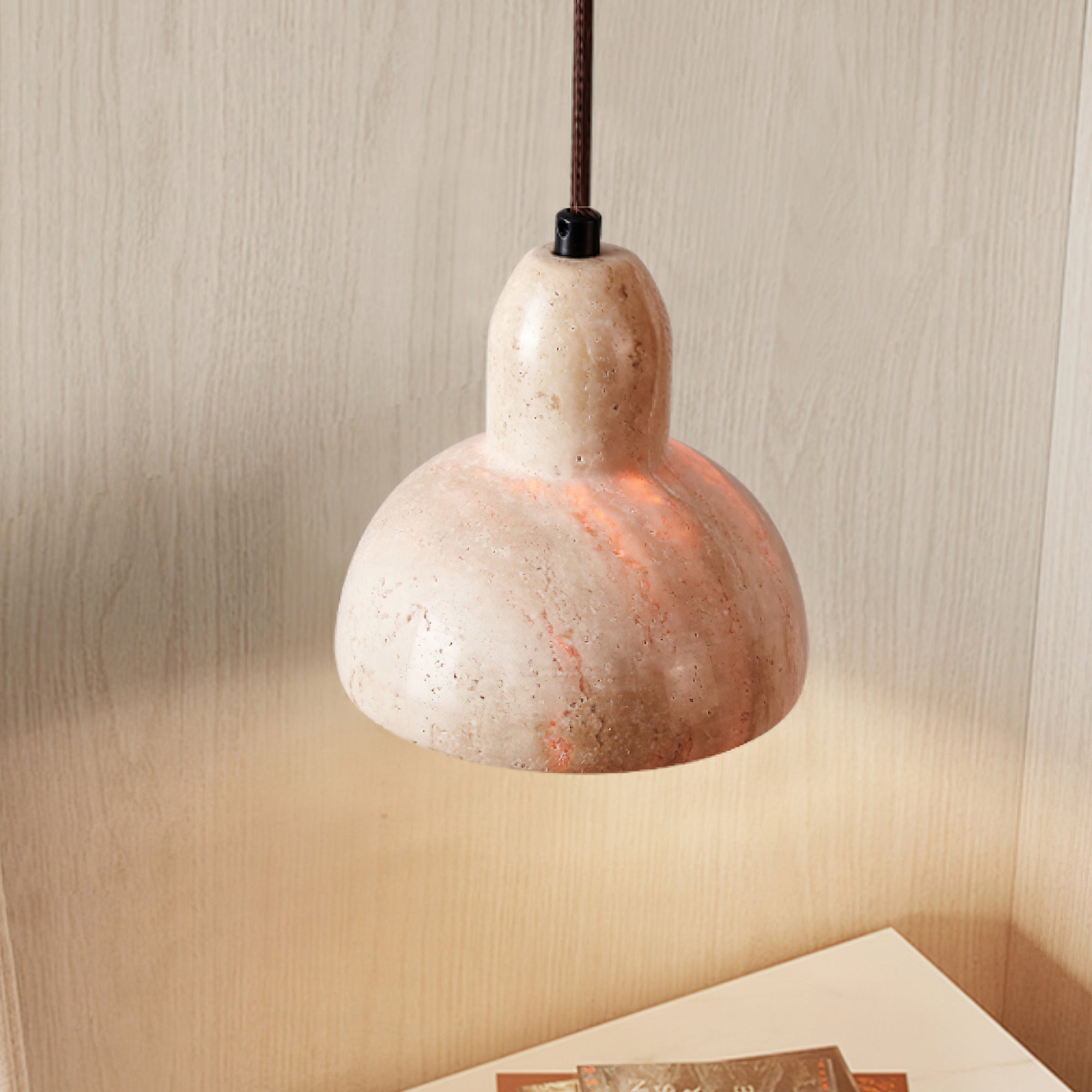 Vaelior Dome Shade Travertine Pendant Light - Lamp Copper