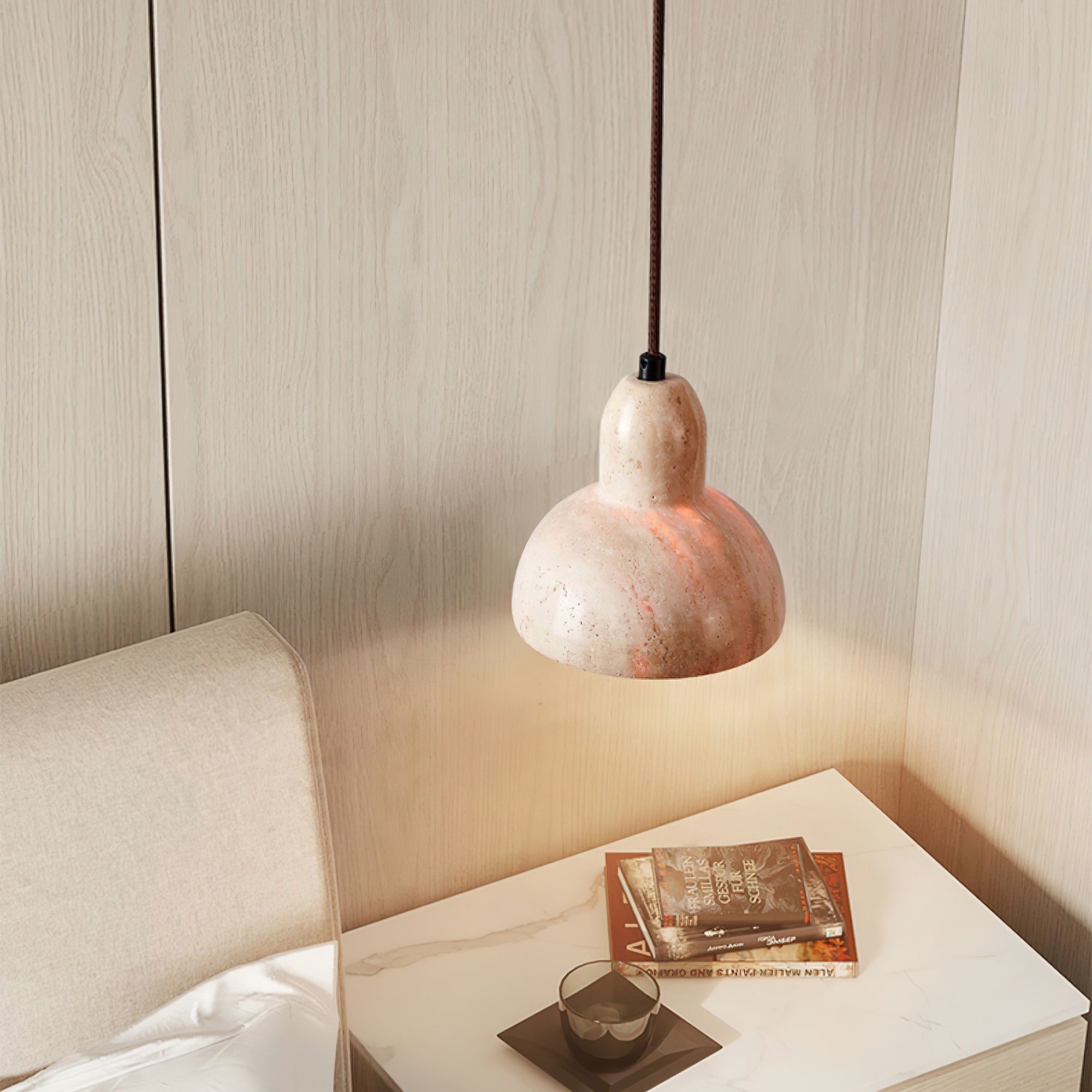 Vaelior Dome Shade Travertine Pendant Light - Lamp Copper
