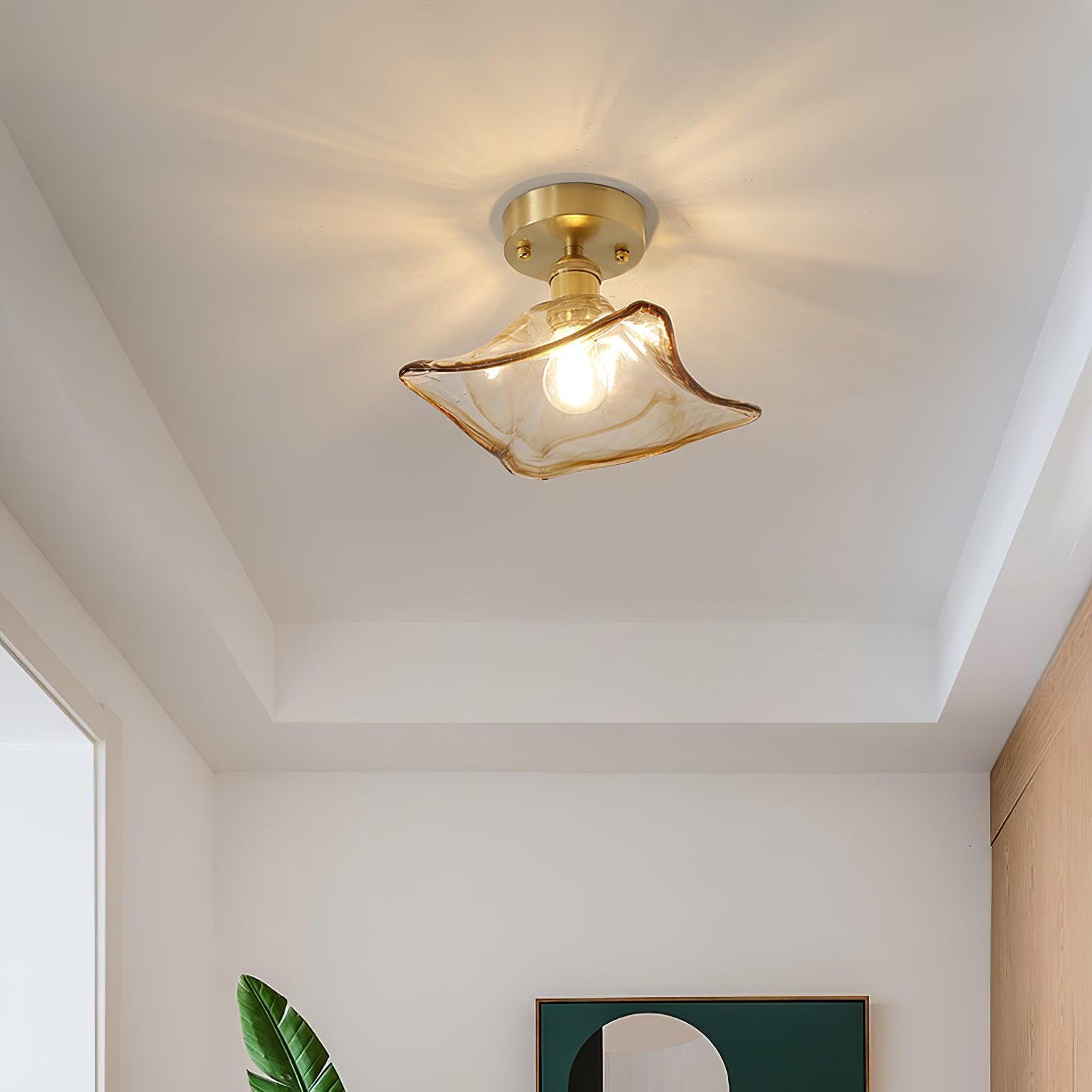 Ceiling Light Amber Swirl Glass - Lamp Copper