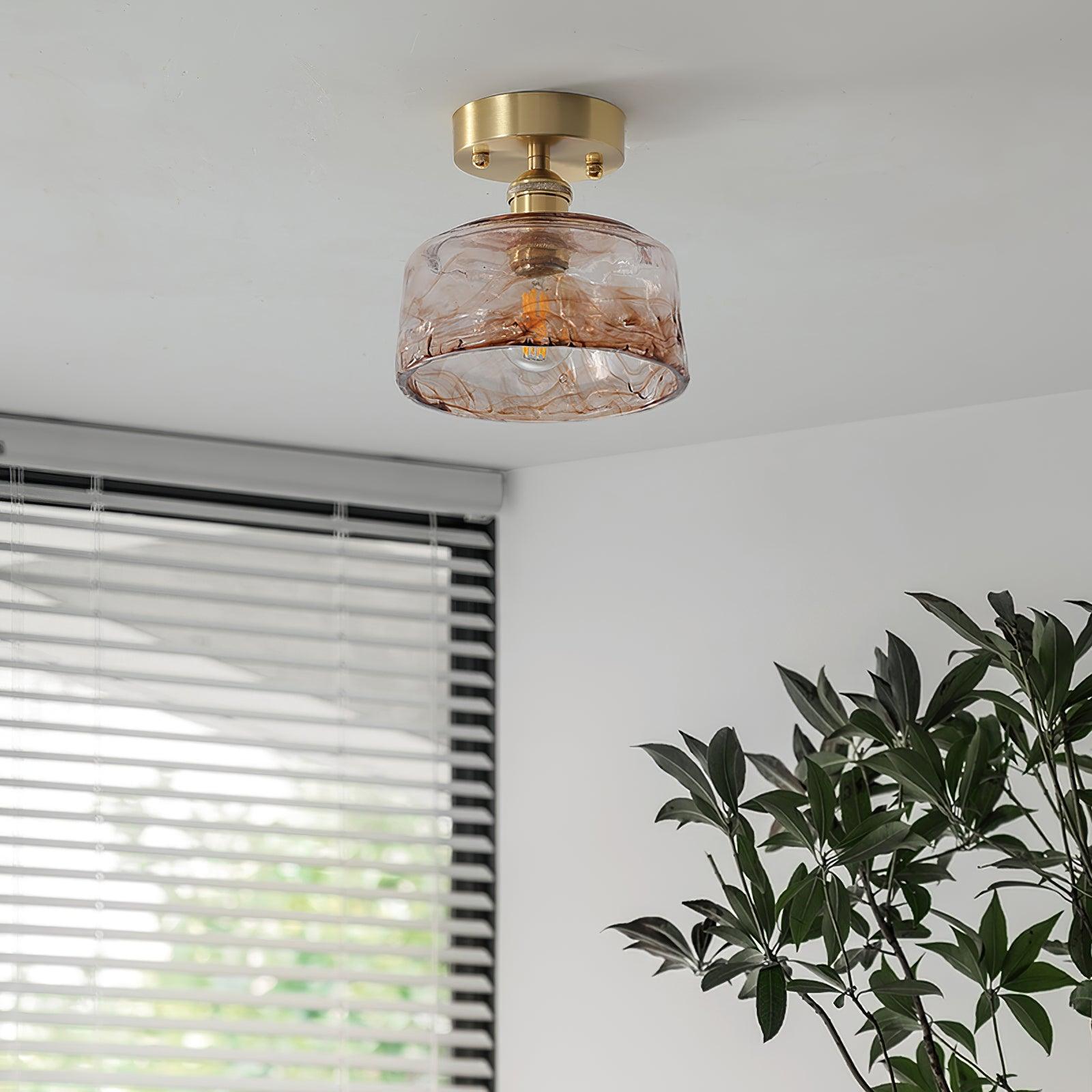 Ceiling Light Amber Swirl Glass - Lamp Copper