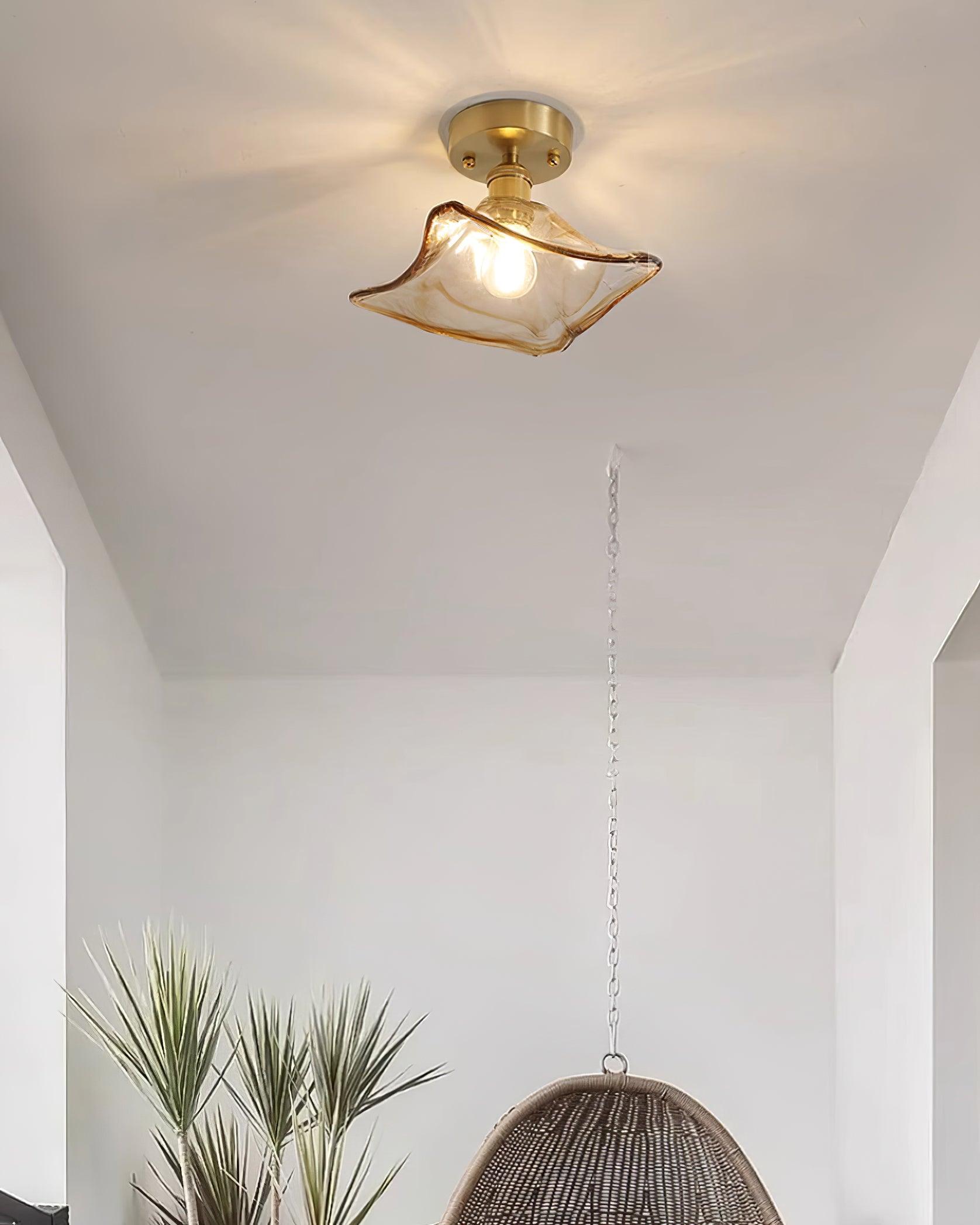 Ceiling Light Amber Swirl Glass - Lamp Copper
