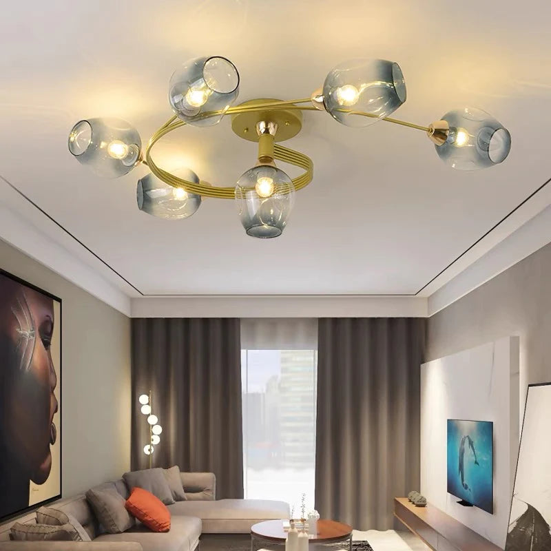 Valentina Flush Mount Ceiling Light, Glass, Black/Gold, Dining Room - Lamp Copper