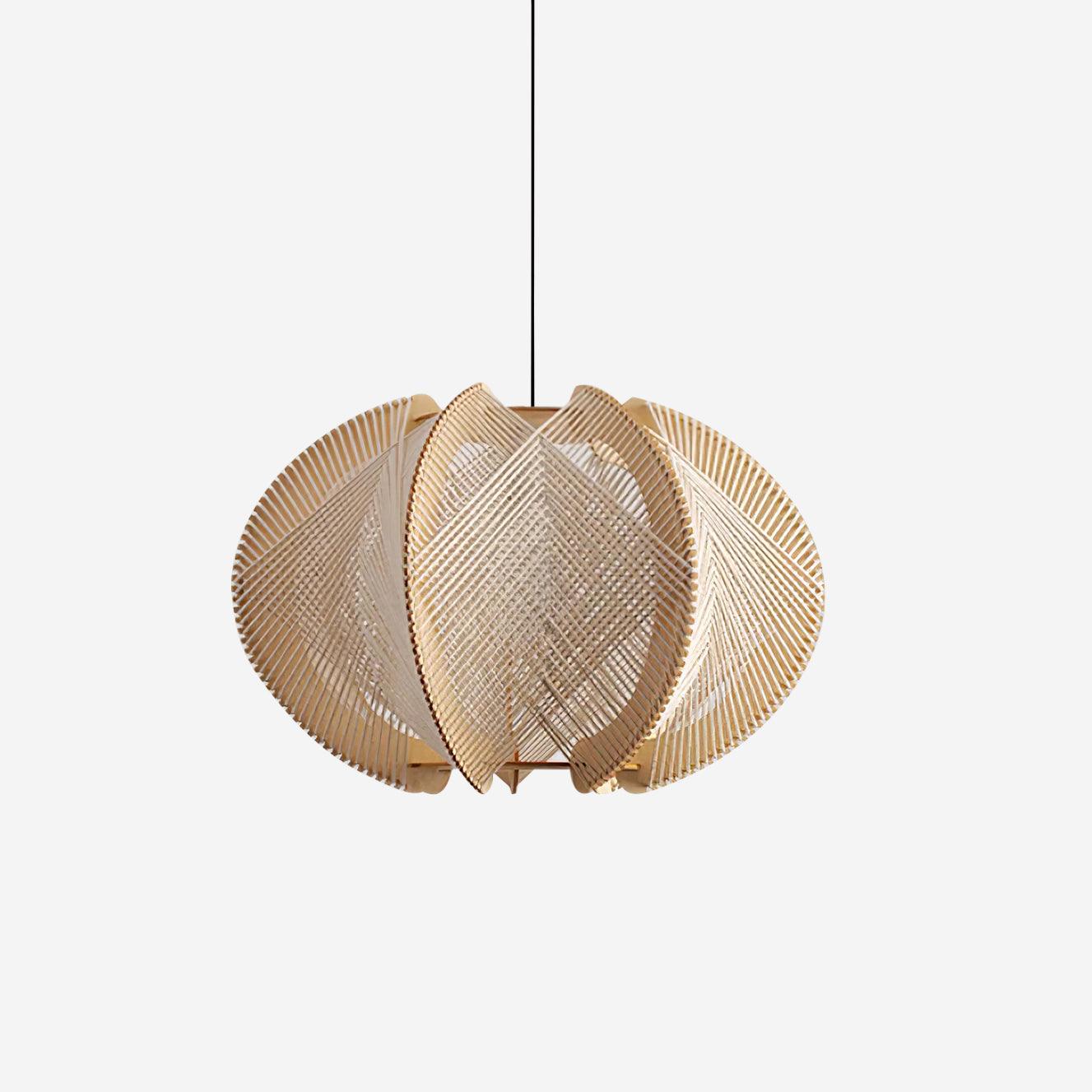Pendant Light with Fabric Shade, Wooden Frame, and Wire Detail - Lamp Copper