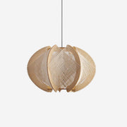 Pendant Light with Fabric Shade, Wooden Frame, and Wire Detail - Lamp Copper